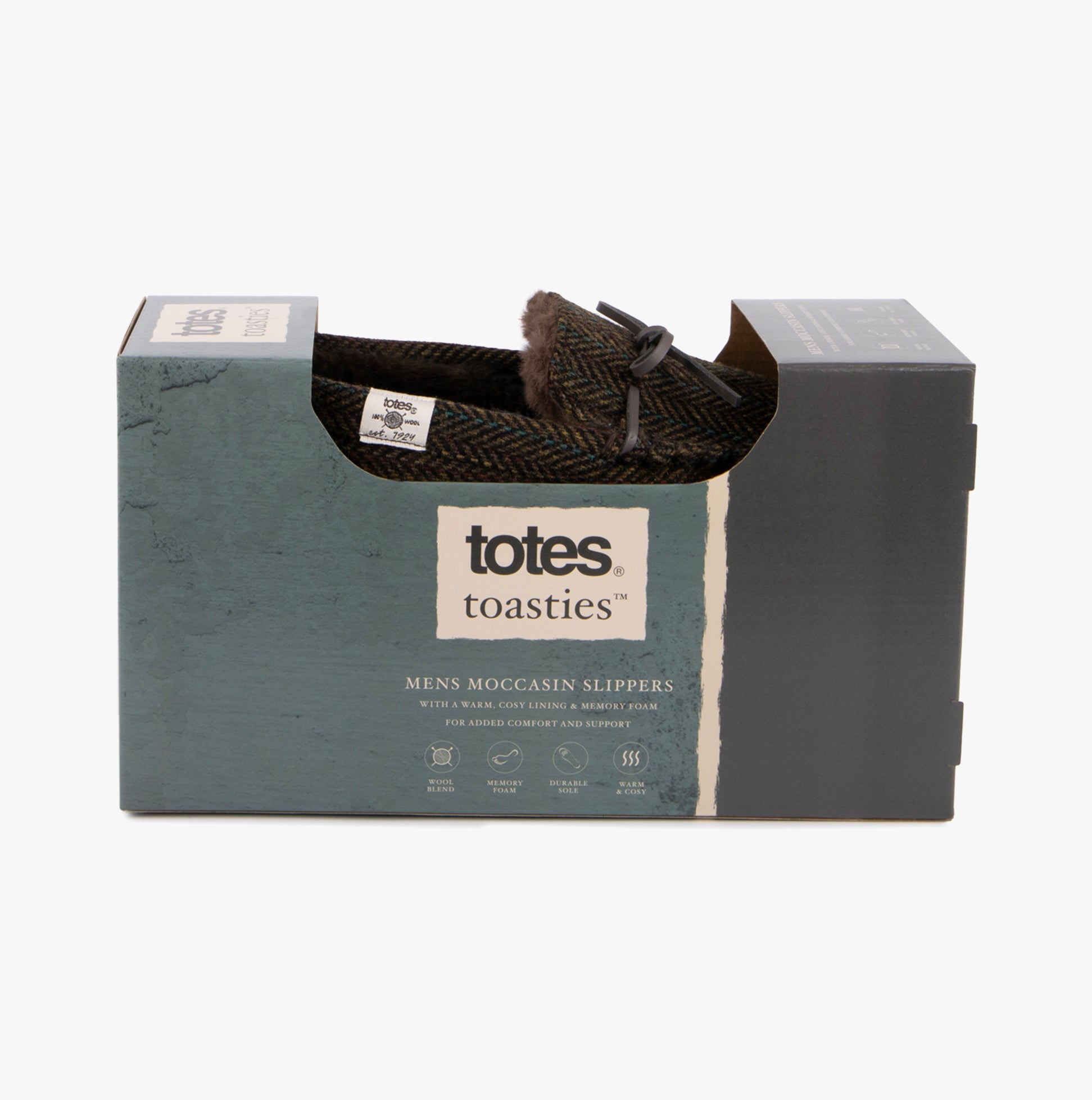 Totes Toasties WOVEN WOOL MIX MOCCASIN Slippers Mens Brown in gift box side view.