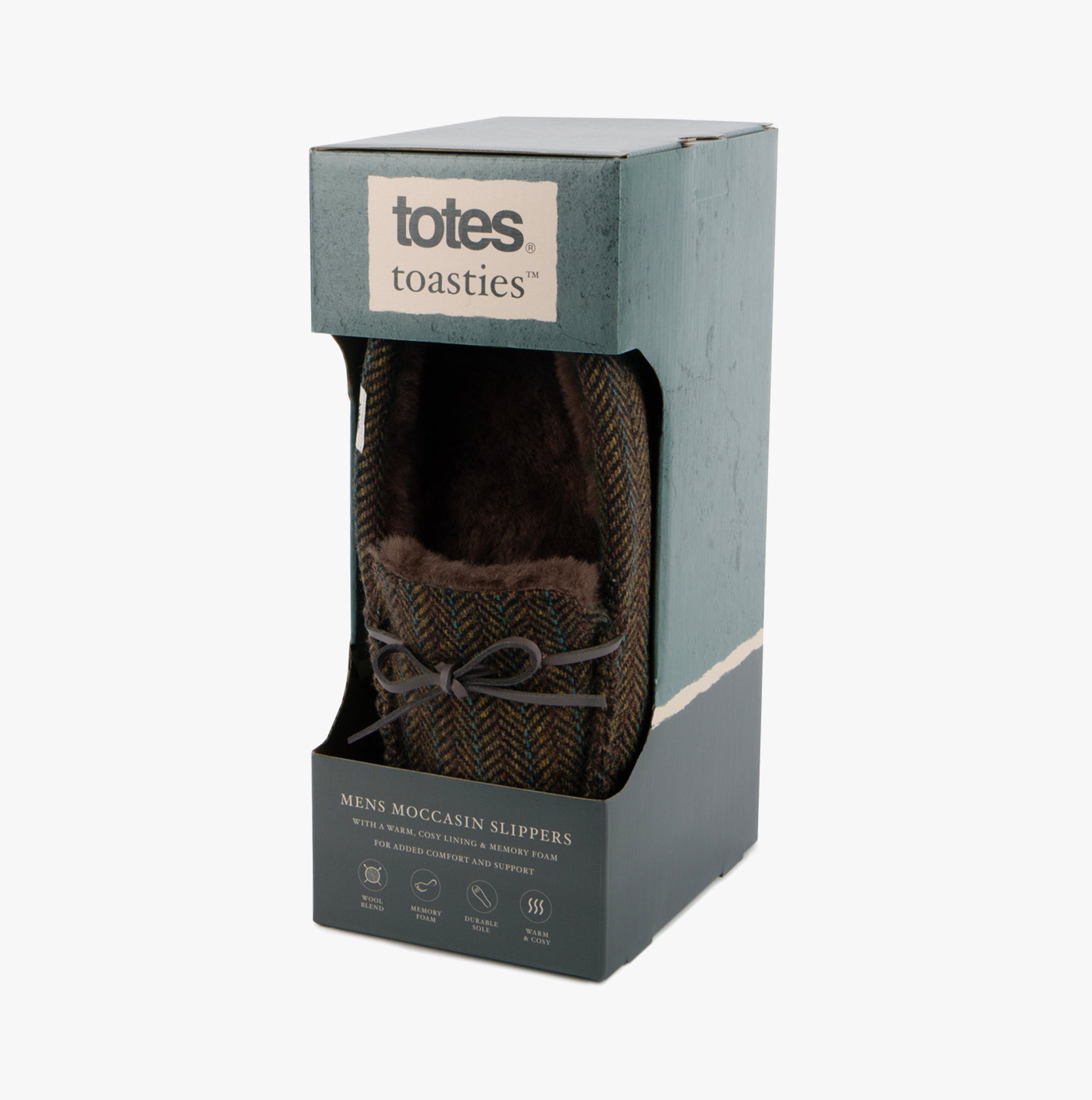 Totes Toasties WOVEN WOOL MIX MOCCASIN Slippers Mens Brown in gift box side view, showcasing slipper design and packaging.
