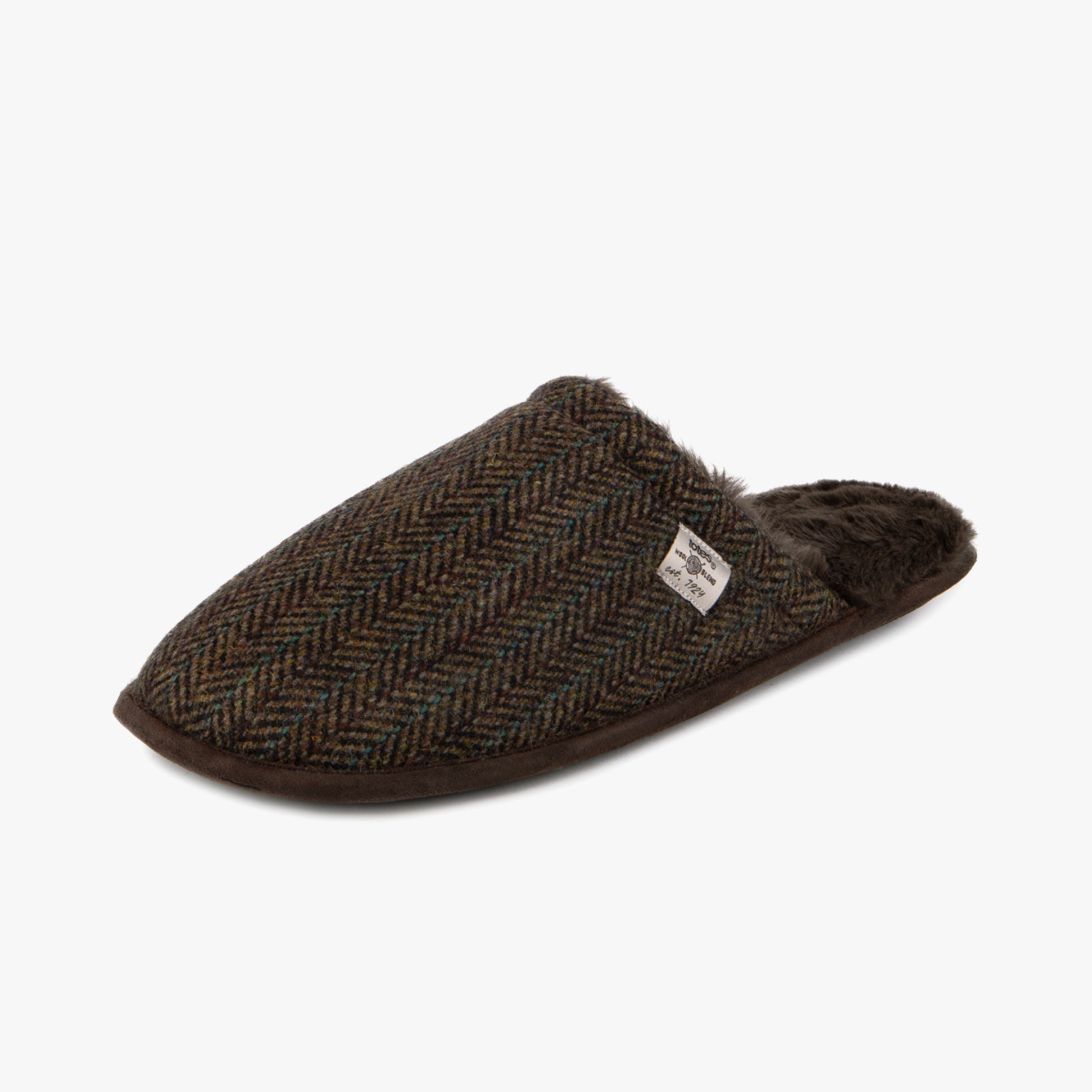 Totes Toasties WOOL MIX MULE Slippers Mens Brown side view with herringbone pattern and faux fur lining