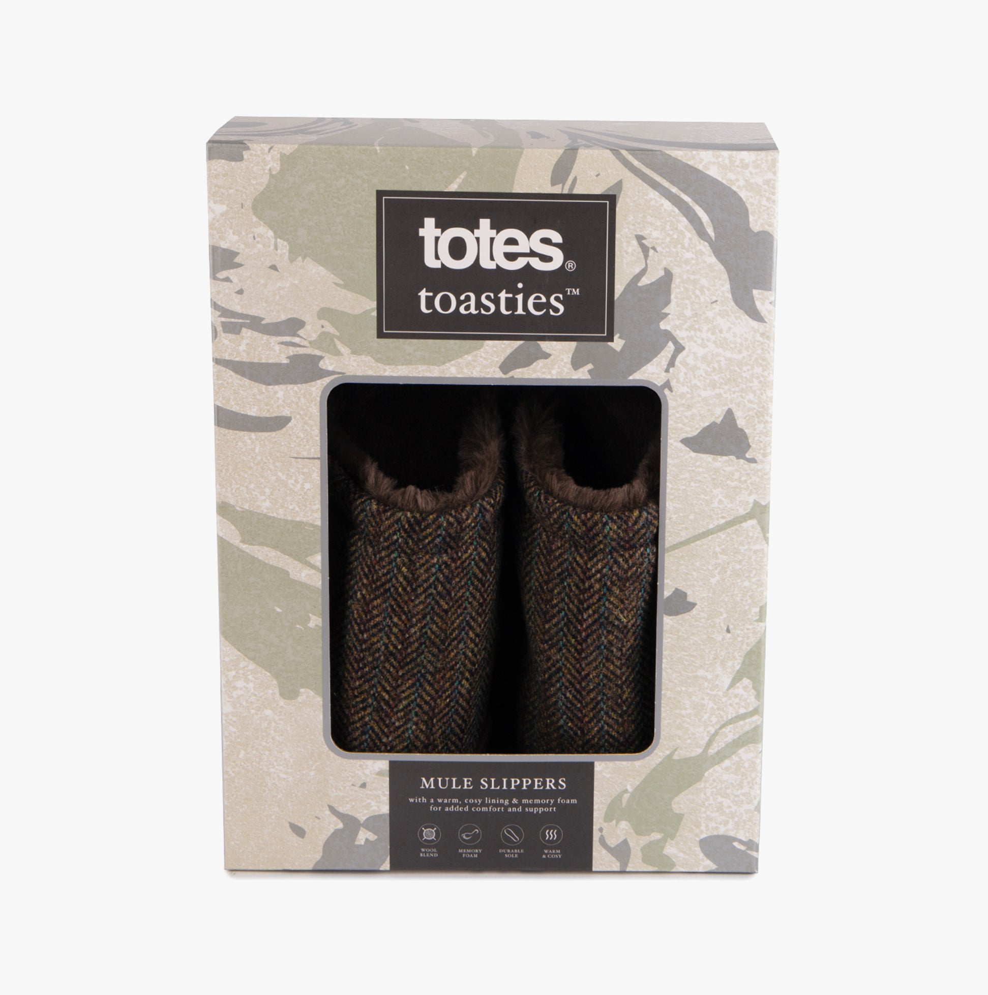 Totes Toasties WOOL MIX MULE Slippers Mens Brown in gift box, featuring a stylish herringbone pattern and faux fur lining.