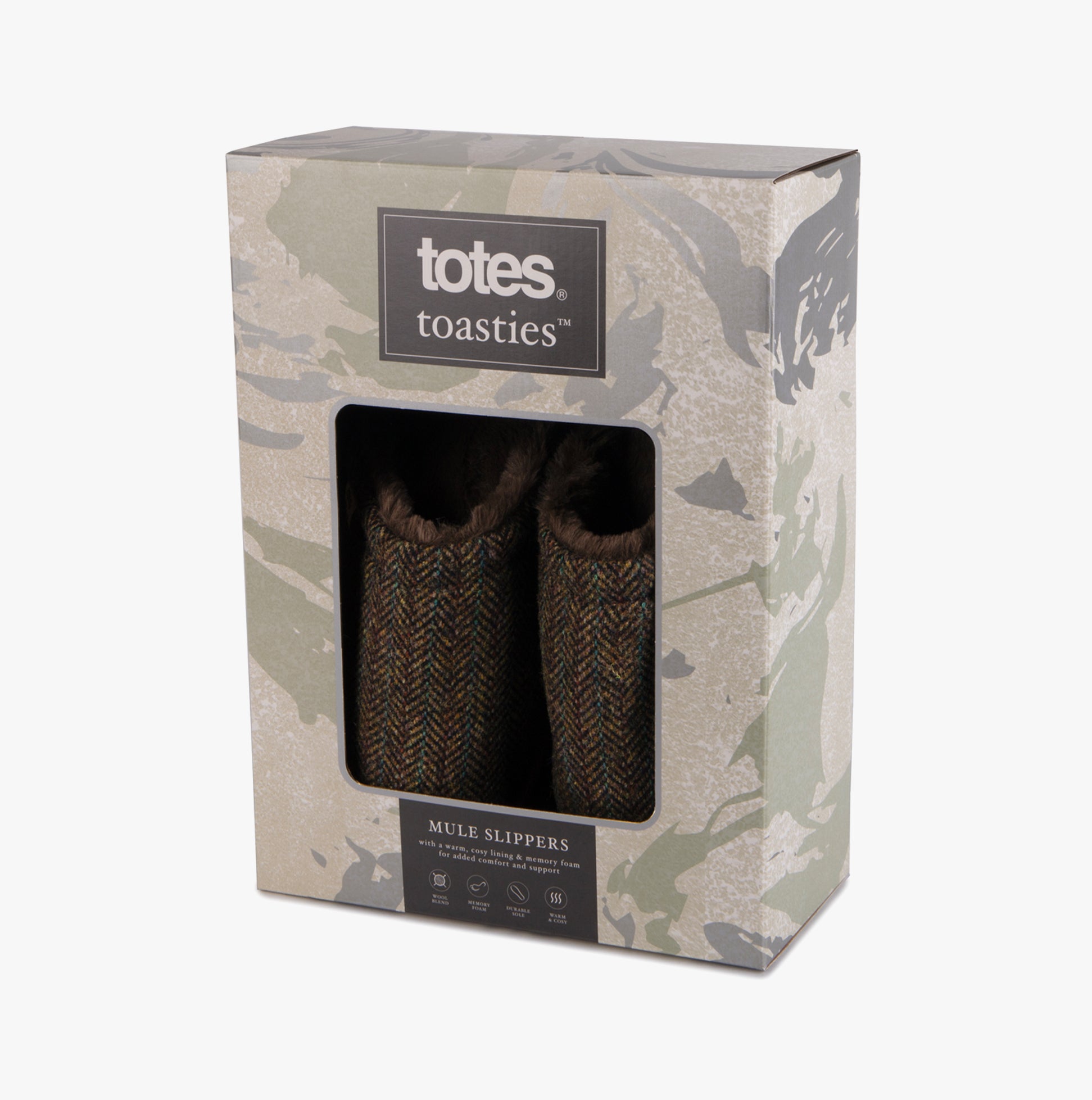Totes Toasties WOOL MIX MULE Slippers Mens Brown in gift box, side view, showcasing the packaging design.