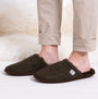 Totes Toasties WOOL MIX MULE Slippers Mens Brown side view showing textured upper and faux fur lining