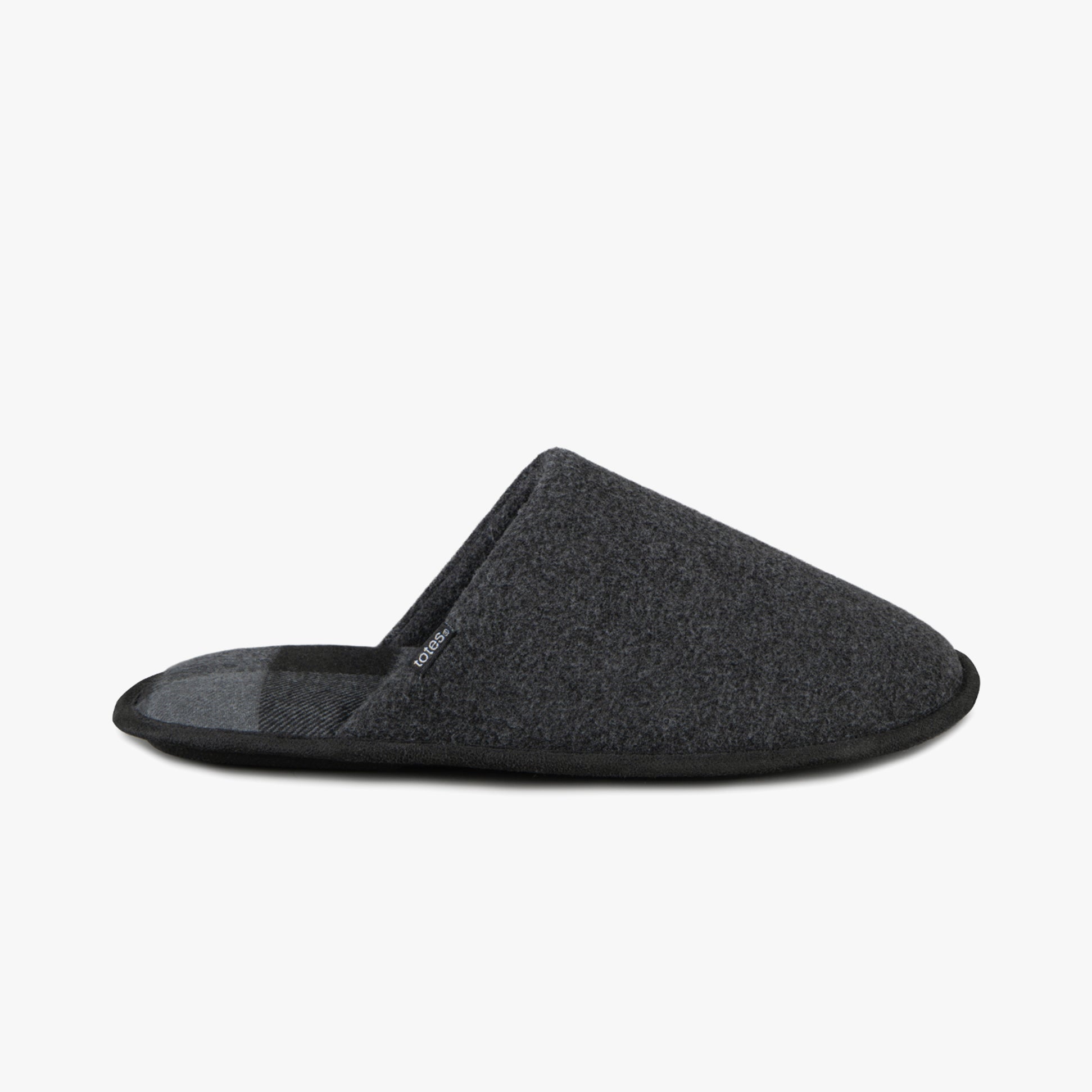 Totes Toasties JERSEY MULE Slippers WITH CHECK LINING Mens Charcoal side view of the comfortable slippers.