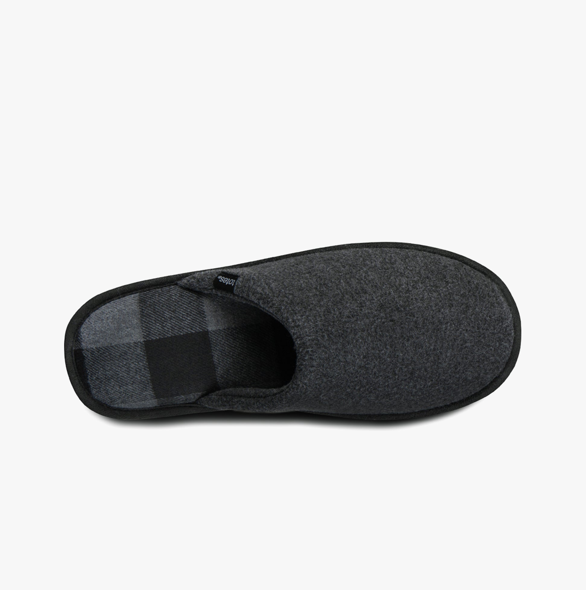 Totes Toasties JERSEY MULE Slippers WITH CHECK LINING Mens Charcoal top view showing check lining and textile upper.