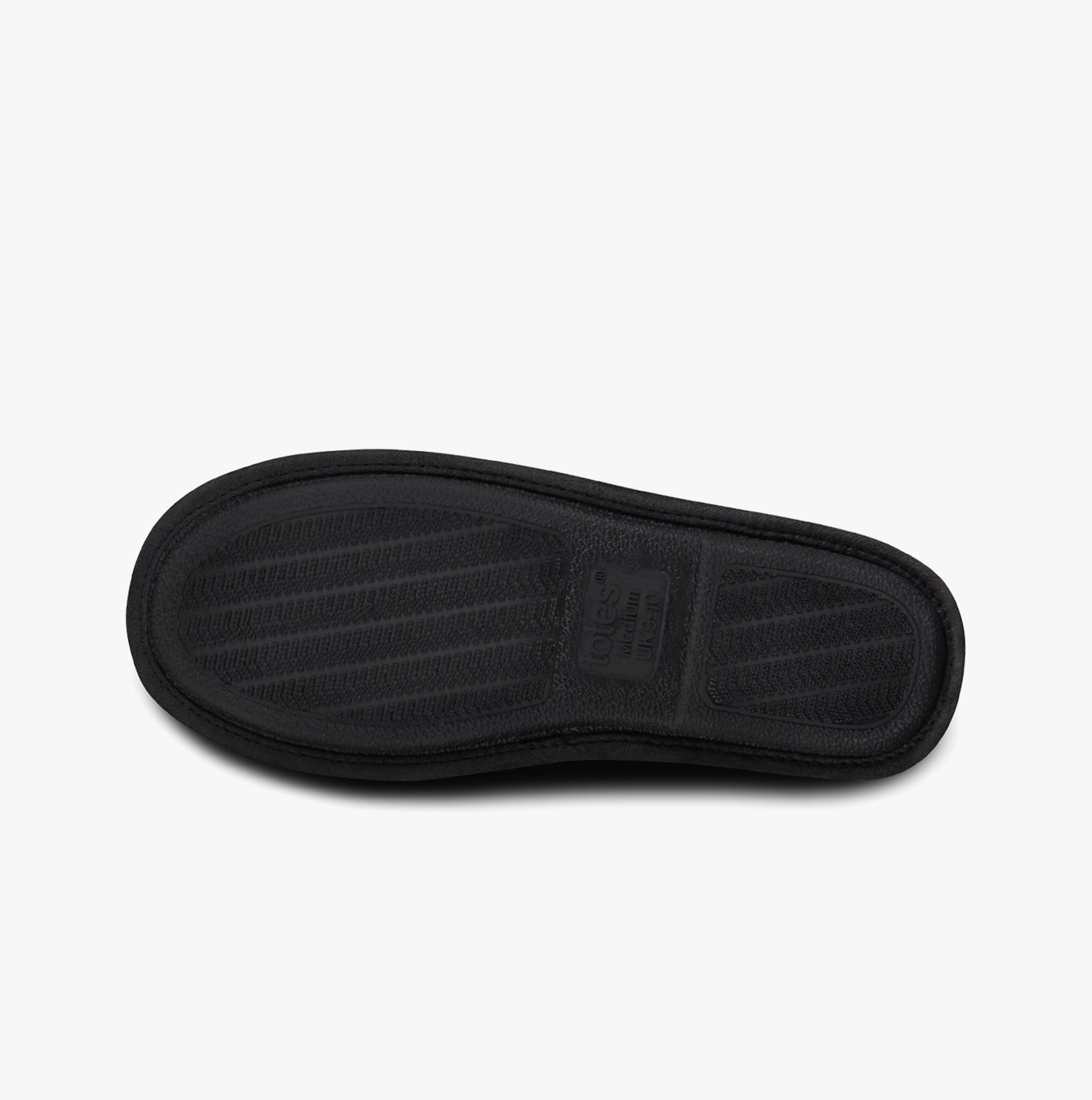 Totes Toasties JERSEY MULE Slippers WITH CHECK LINING Mens Charcoal bottom view showing TPR sole with textured design.