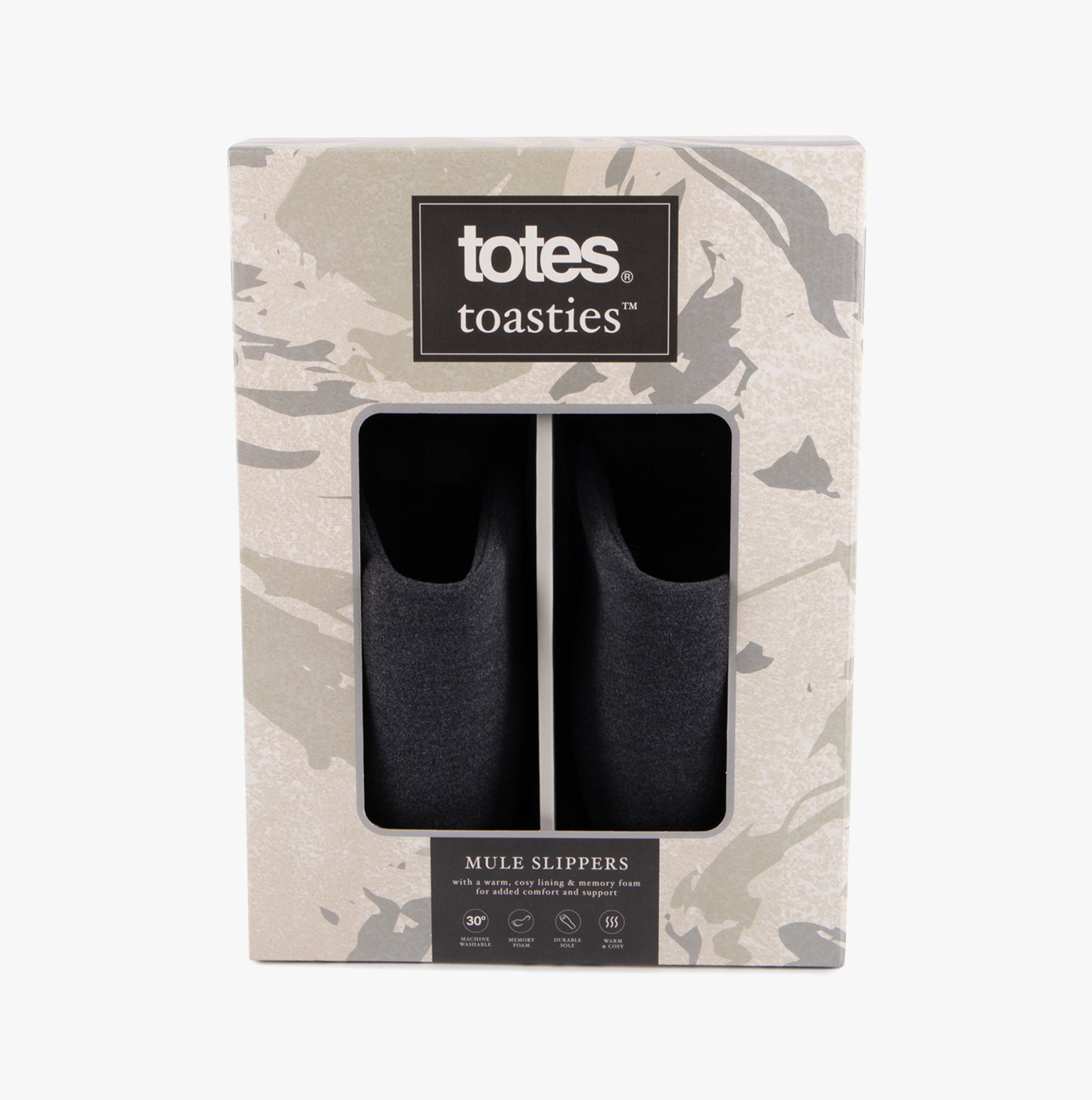 Totes Toasties JERSEY MULE Slippers WITH CHECK LINING Mens Charcoal in gift box, front view.