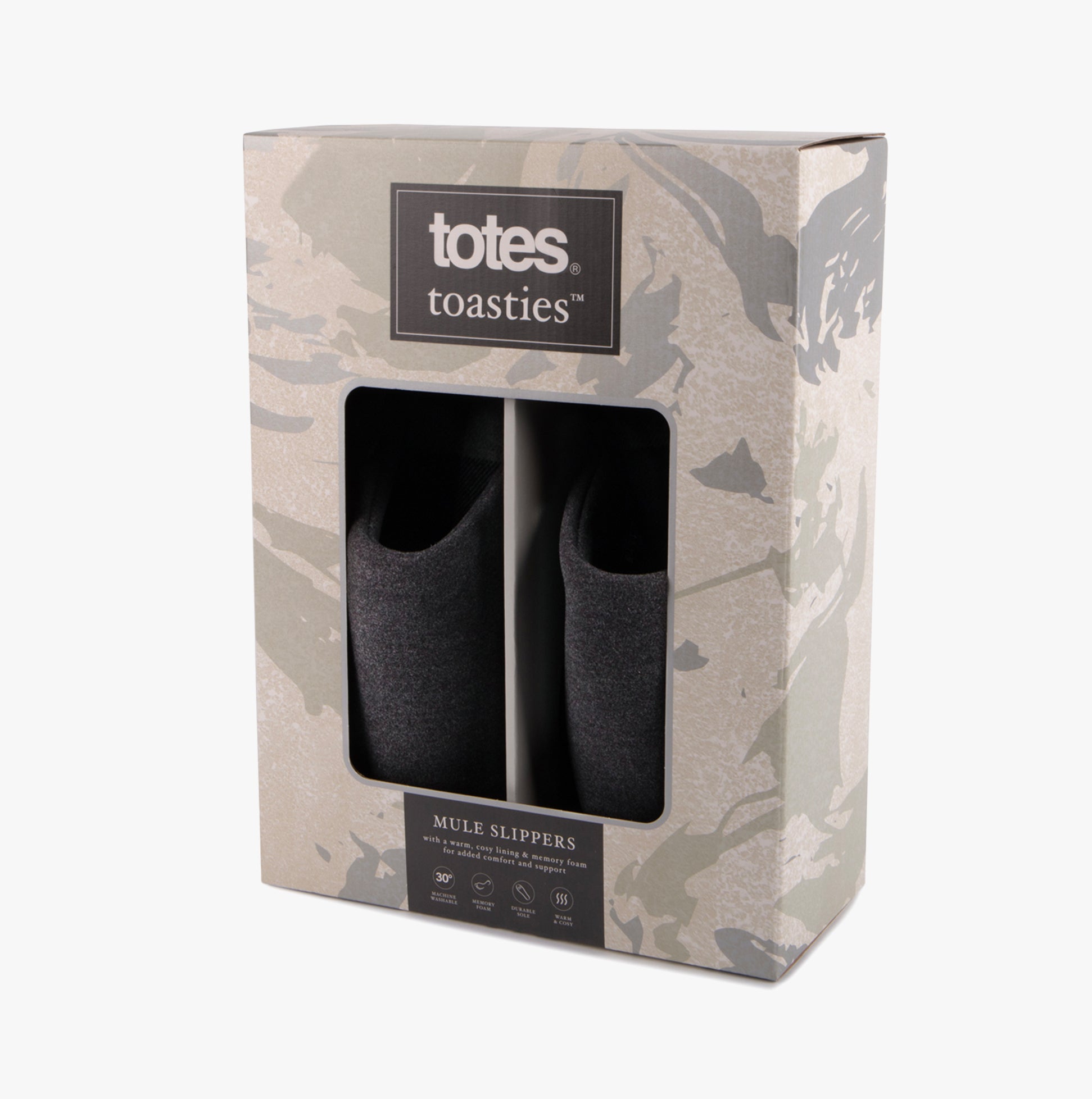 Totes Toasties JERSEY MULE Slippers WITH CHECK LINING Mens Charcoal in gift box packaging, side view.
