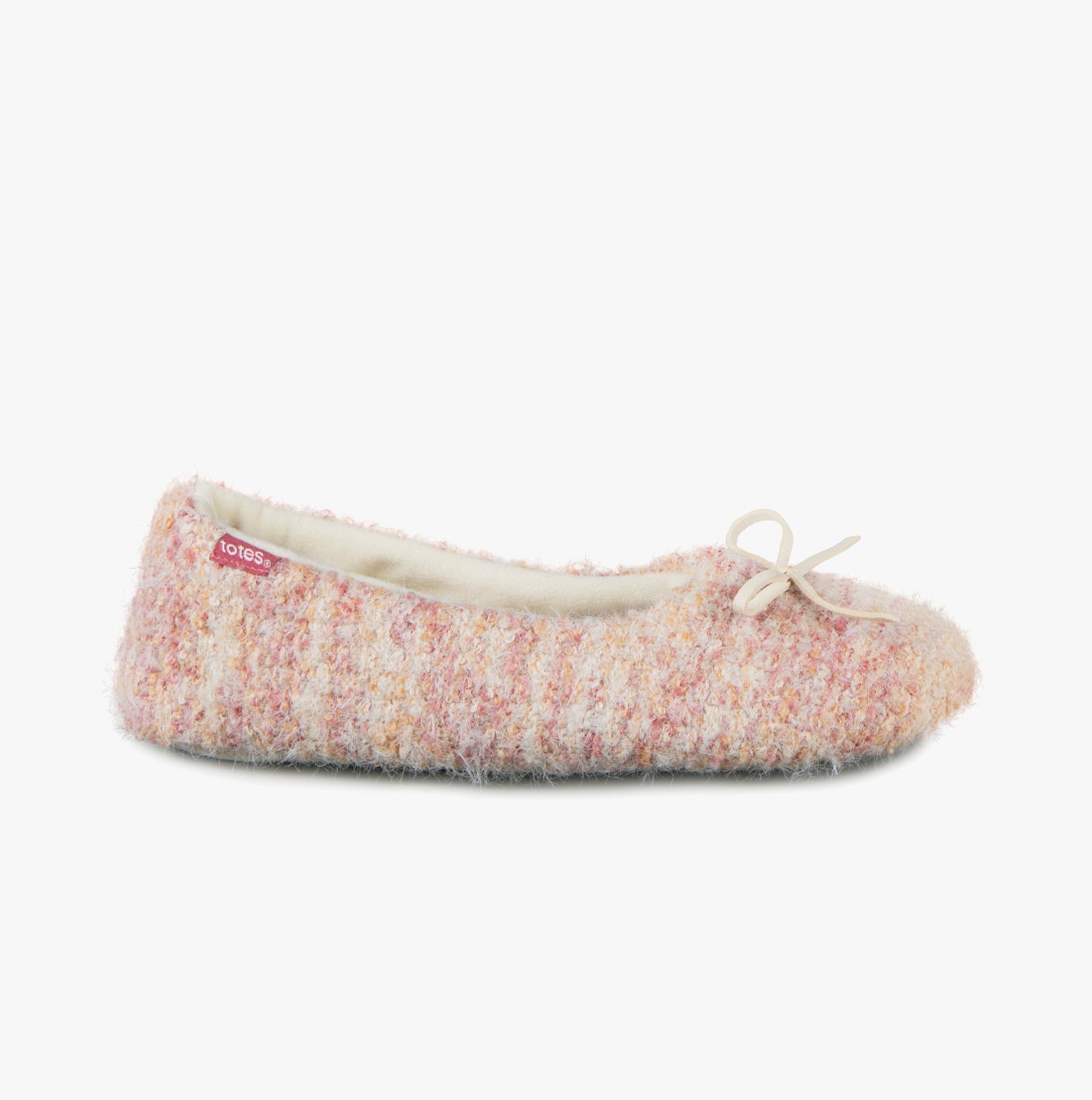 Totes Toasties KNITTED BALLET Slippers Womens Pink side view showcasing plush texture and cozy design.