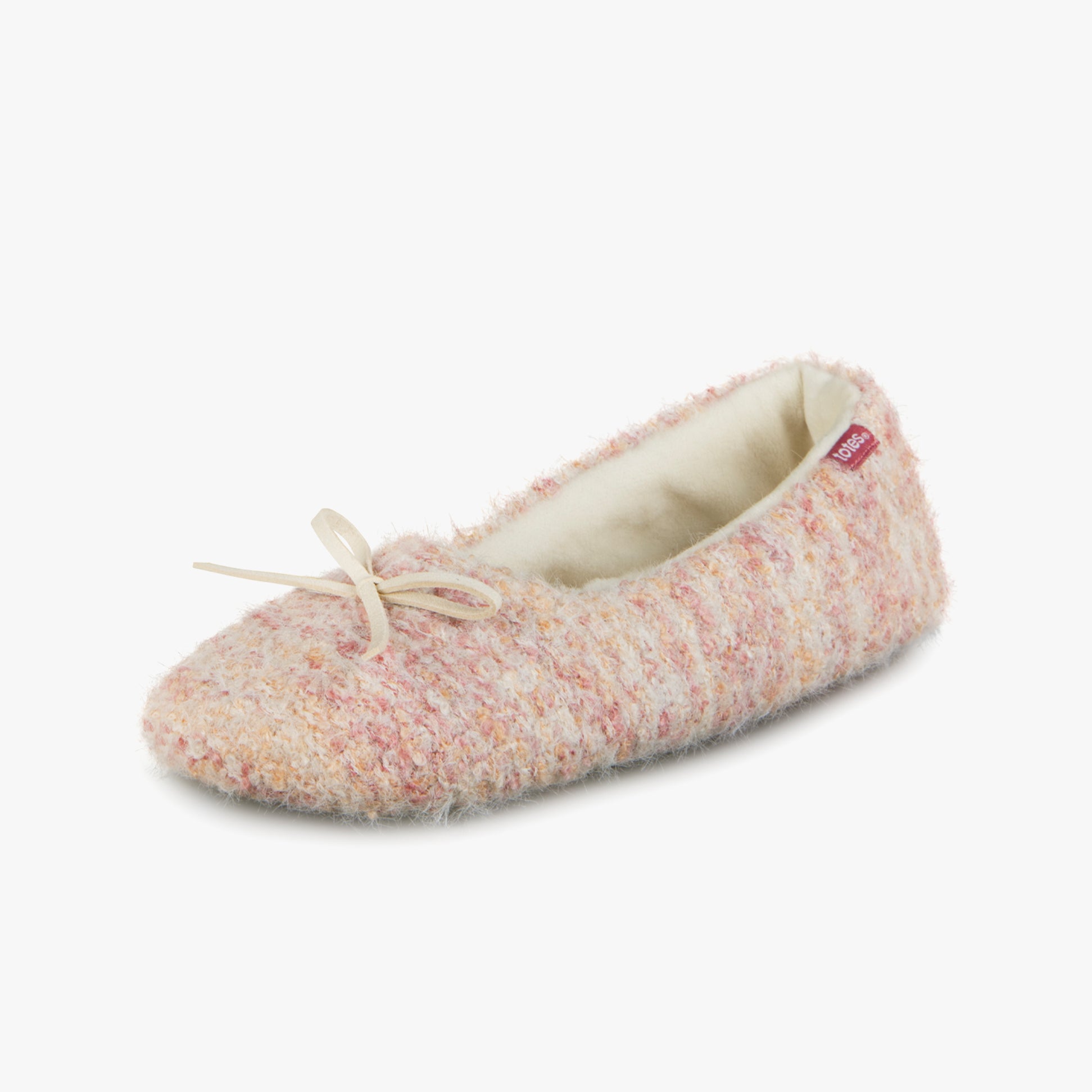 Totes Toasties KNITTED BALLET Slippers Womens Pink side view showing soft textile upper and round toe with bow detail.