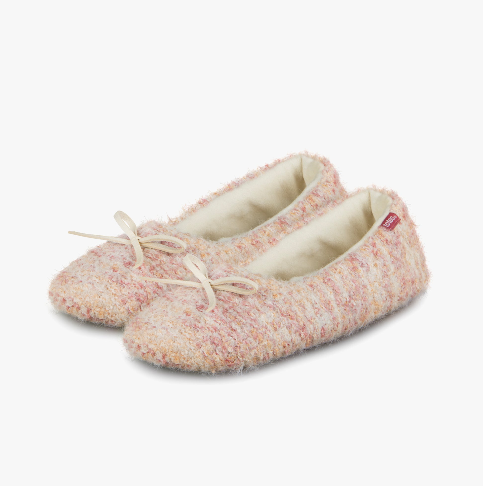 Totes Toasties KNITTED BALLET Slippers Womens Pink front view with bow and soft texture.