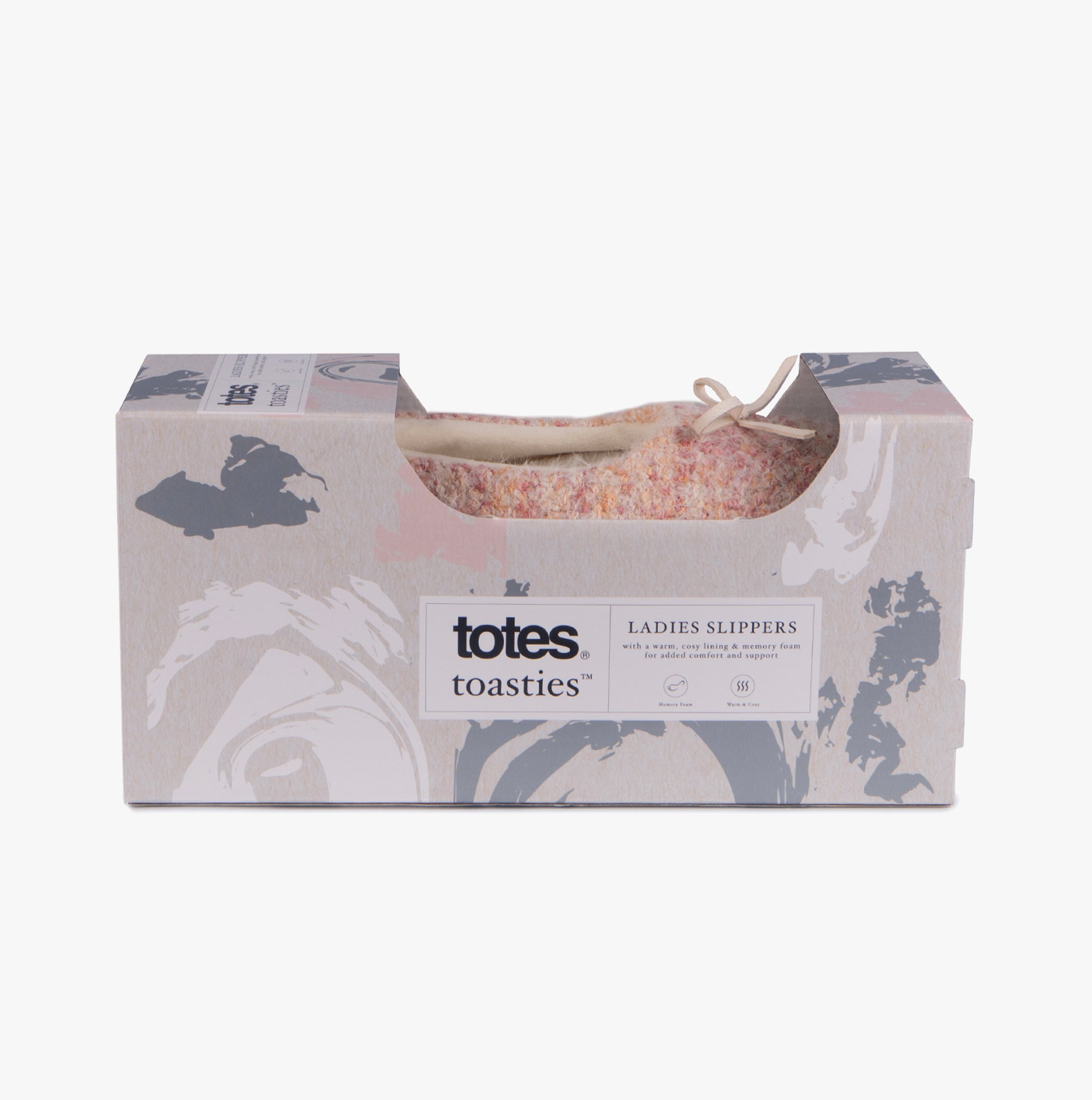 Totes Toasties KNITTED BALLET Slippers Womens Pink in gift box, side view showcasing stylish packaging.