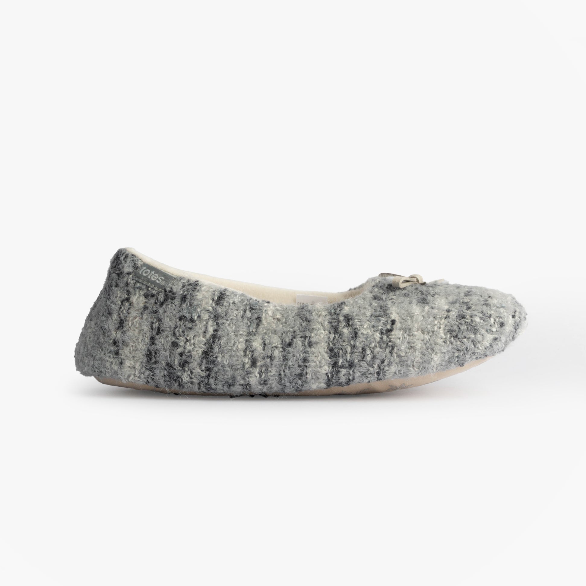 Totes Toasties KNITTED Ballet Slippers Womens Blue side view showcasing the textured grey knitted upper and round toe design.