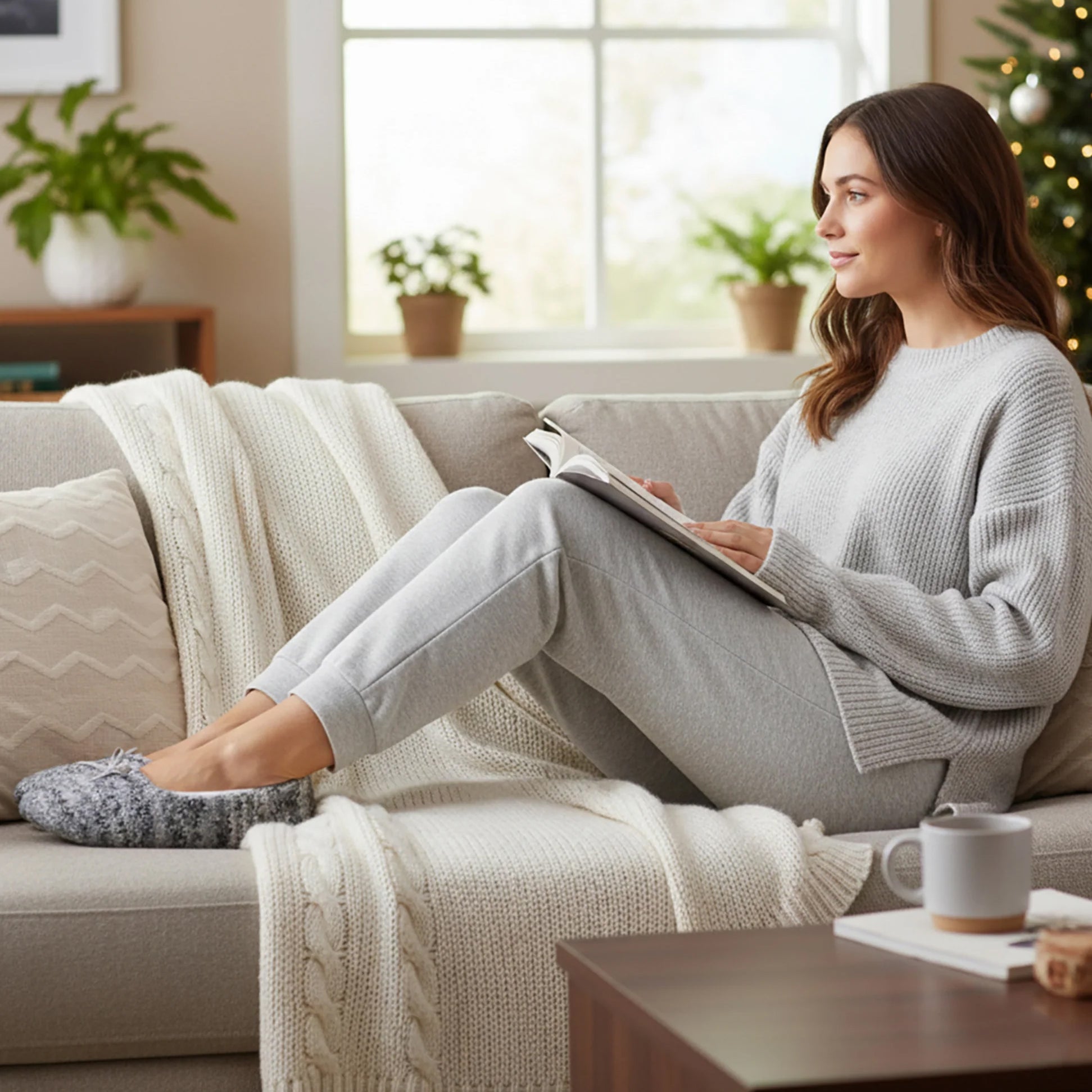 Totes Toasties KNITTED Ballet Slippers Womens Blue worn by a woman sitting on a couch reading, side view.