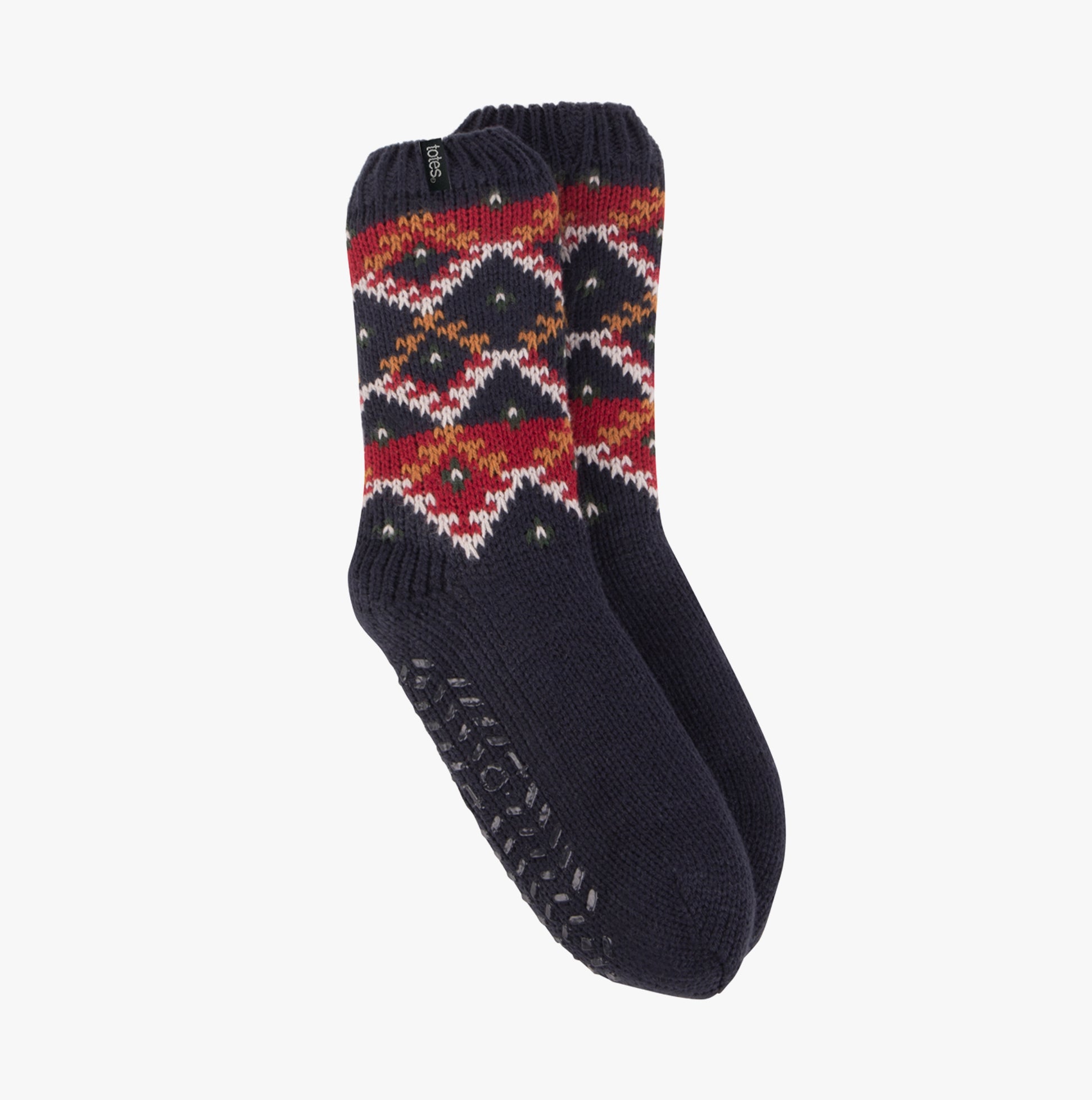 Totes Toasties SHERPA LINED FAIR ISLE SLIPPER-SOX Mens Fairisle side view of colorful knitted socks.
