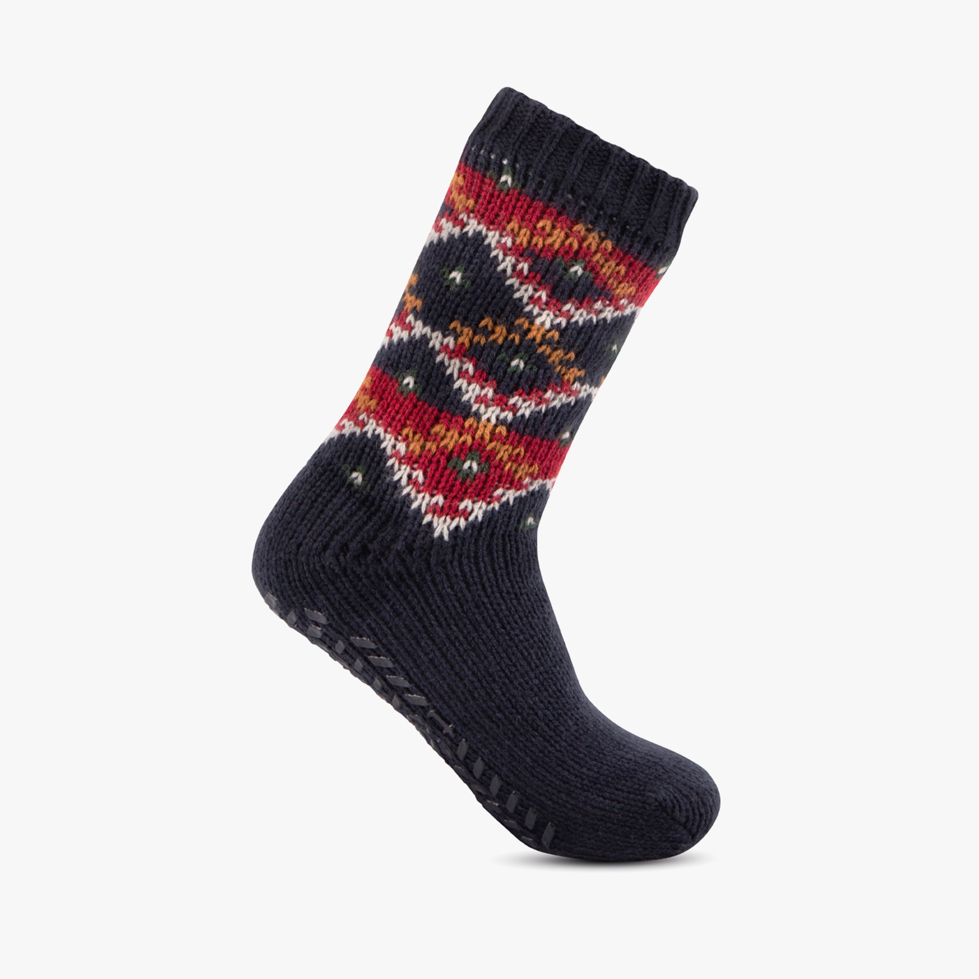 Totes Toasties SHERPA LINED FAIR ISLE SLIPPER-SOX Mens Fairisle side view of navy and red patterned slipper-sox.