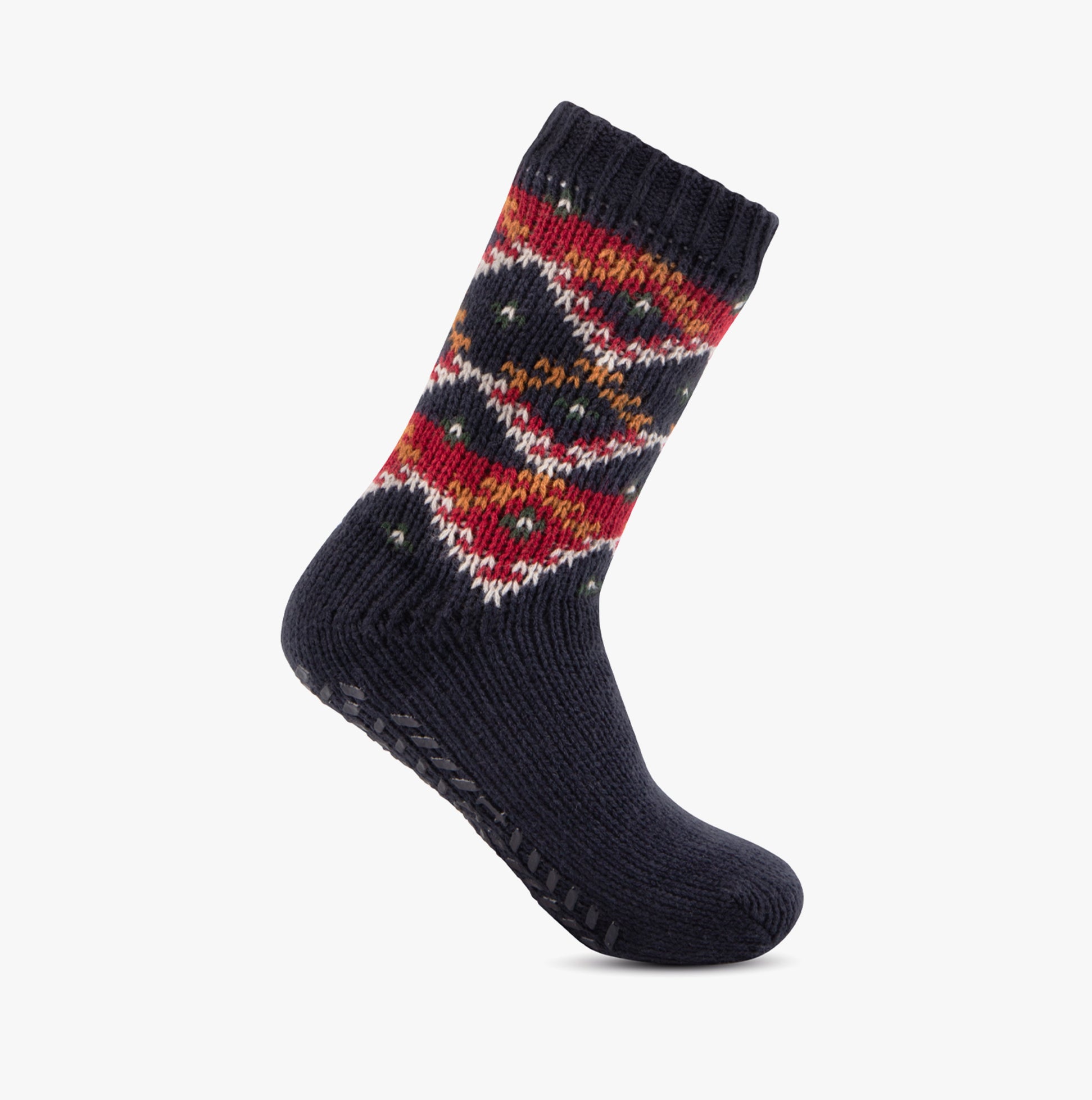 Totes Toasties SHERPA LINED FAIR ISLE SLIPPER-SOX Mens Fairisle side view of navy and red patterned slipper-sox.