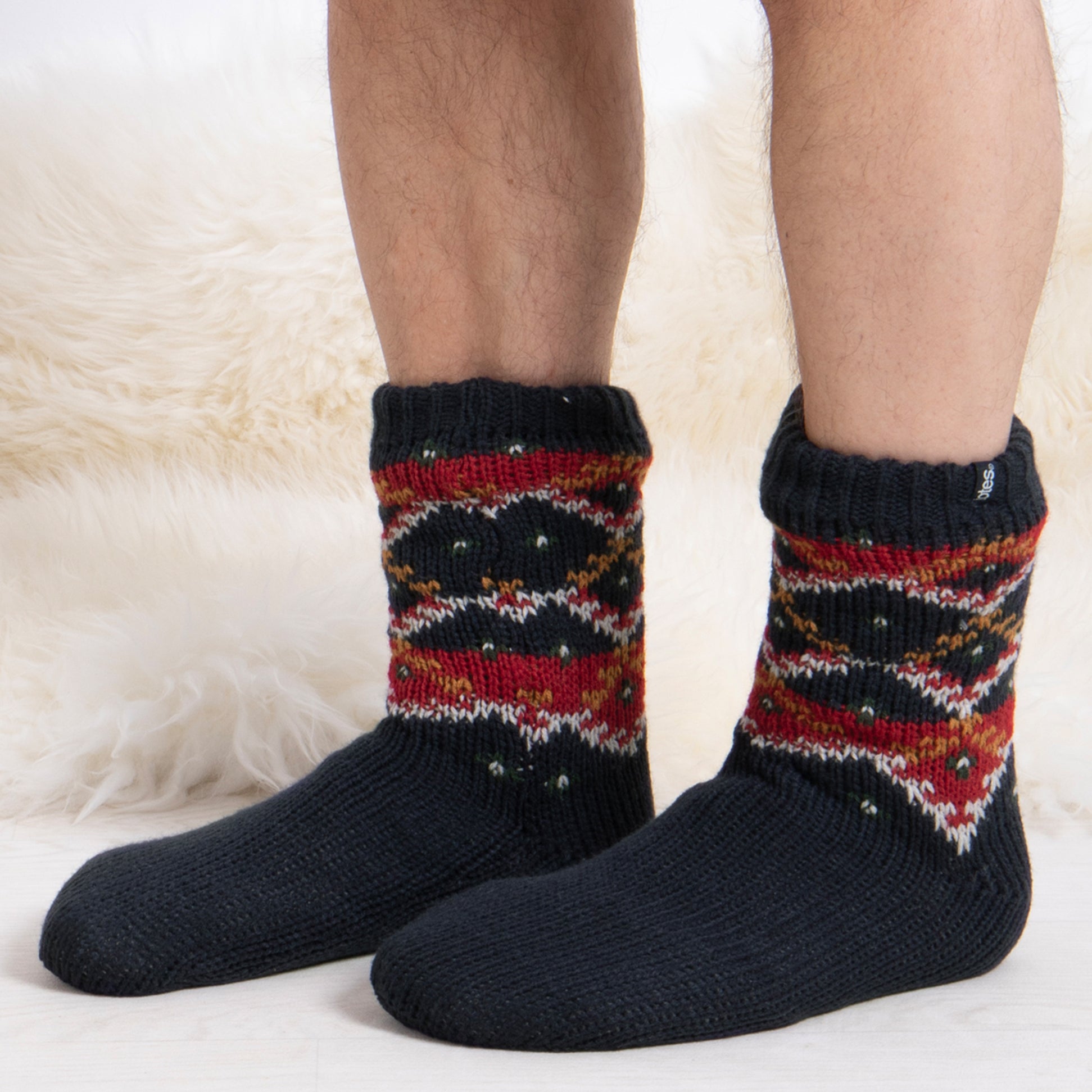 Totes Toasties SHERPA LINED FAIR ISLE SLIPPER-SOX Mens Fairisle side view of cozy knitted socks with Fair Isle pattern.
