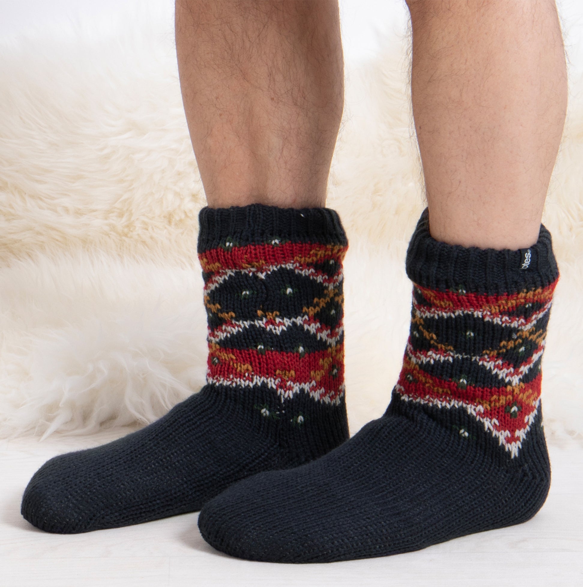 Totes Toasties SHERPA LINED FAIR ISLE SLIPPER-SOX Mens Fairisle side view of cozy knitted socks with Fair Isle pattern.