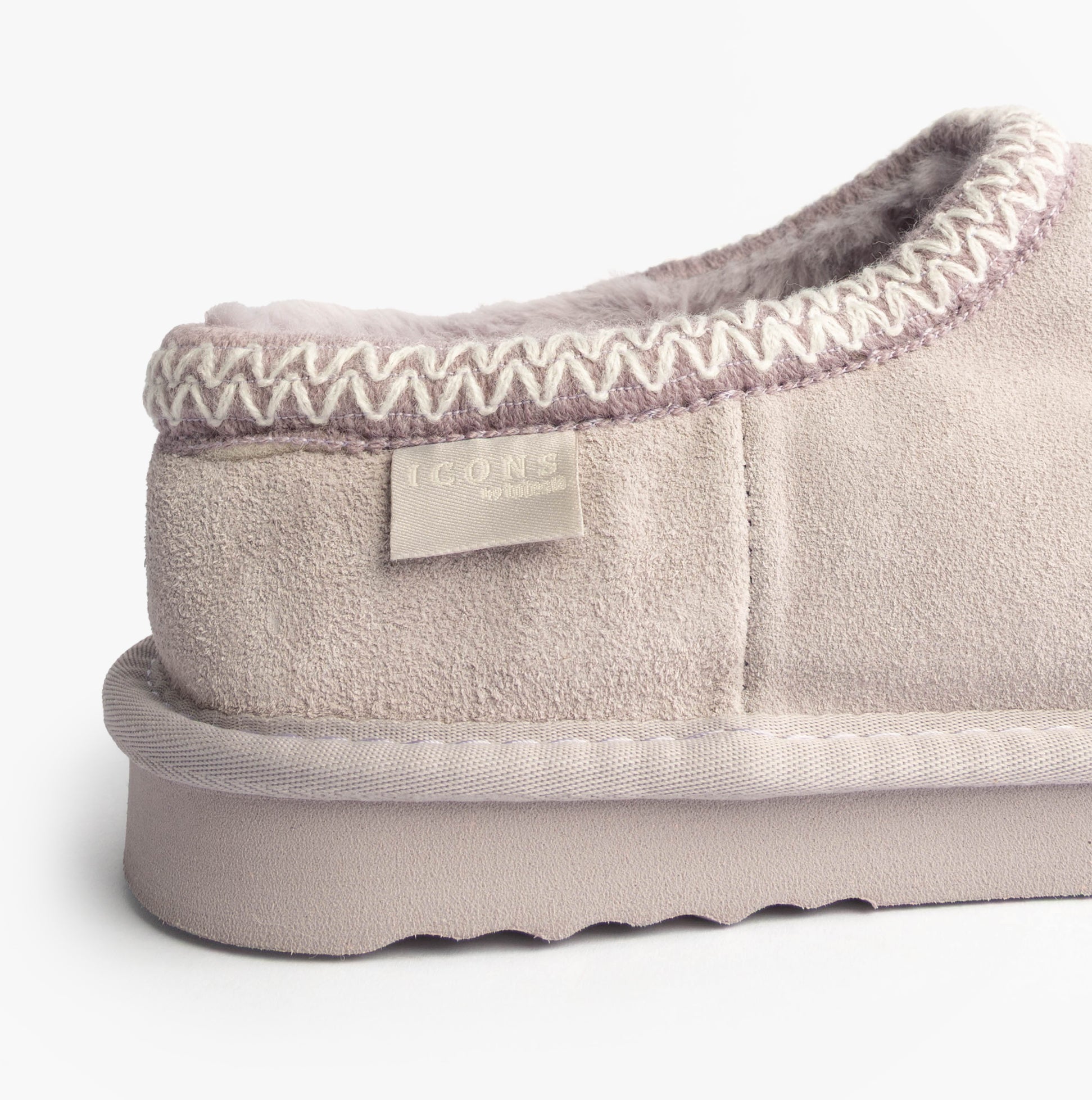 Totes Toasties ICONS SUEDE Shoot Slippers Womens Lilac side view showing genuine suede and memory foam features.