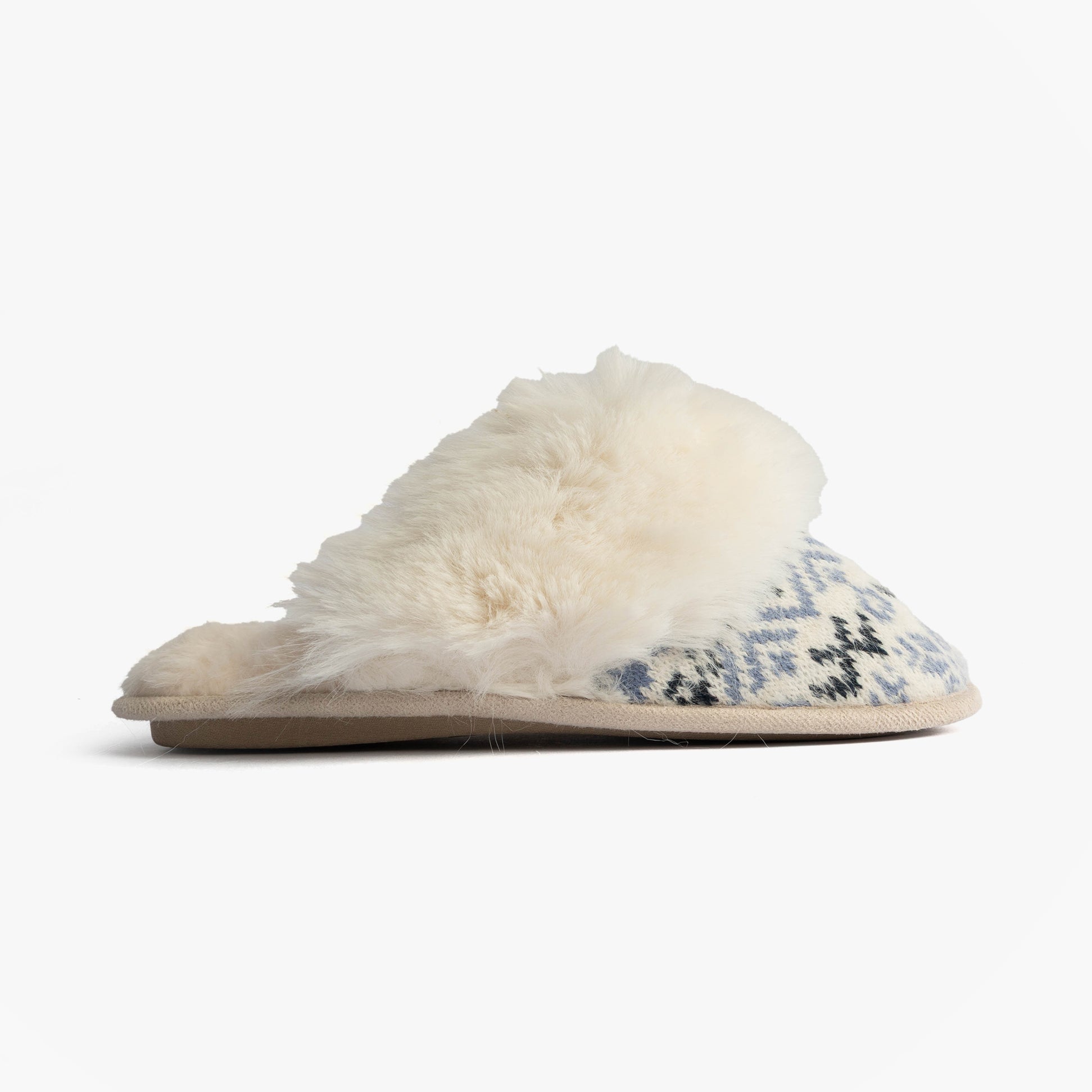 Totes Toasties FAIR ISLE KNIT Mule Slippers Womens Blue side view featuring fluffy lining and knitted design