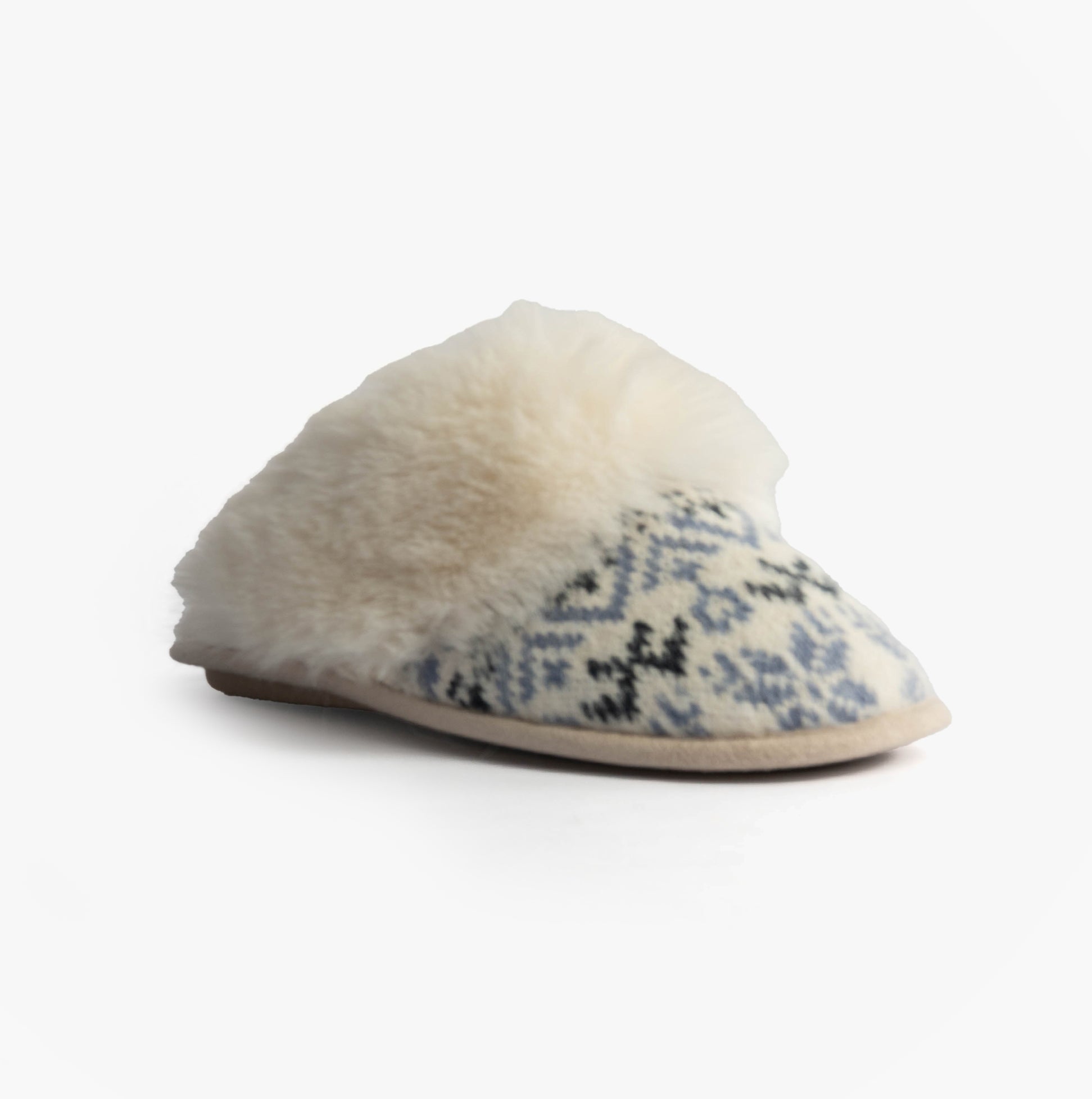 Totes Toasties FAIR ISLE KNIT Mule Slippers Womens Blue side view showing knitted design and fluffy lining.