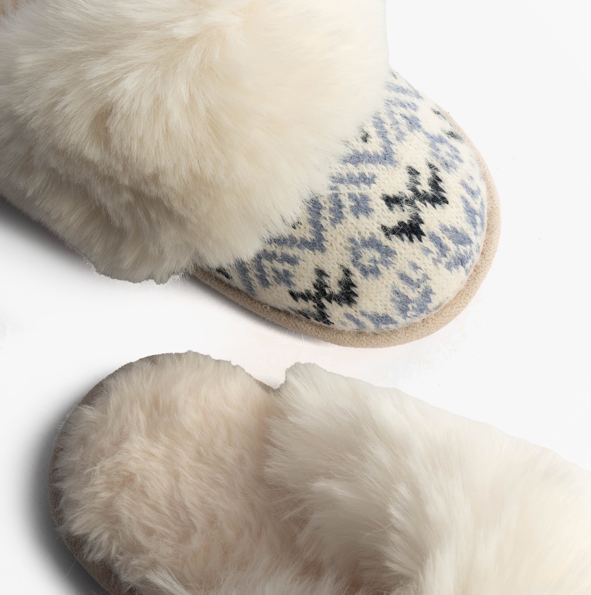 Totes Toasties FAIR ISLE KNIT Mule Slippers Womens Blue top view showcasing soft faux fur and knitted design.