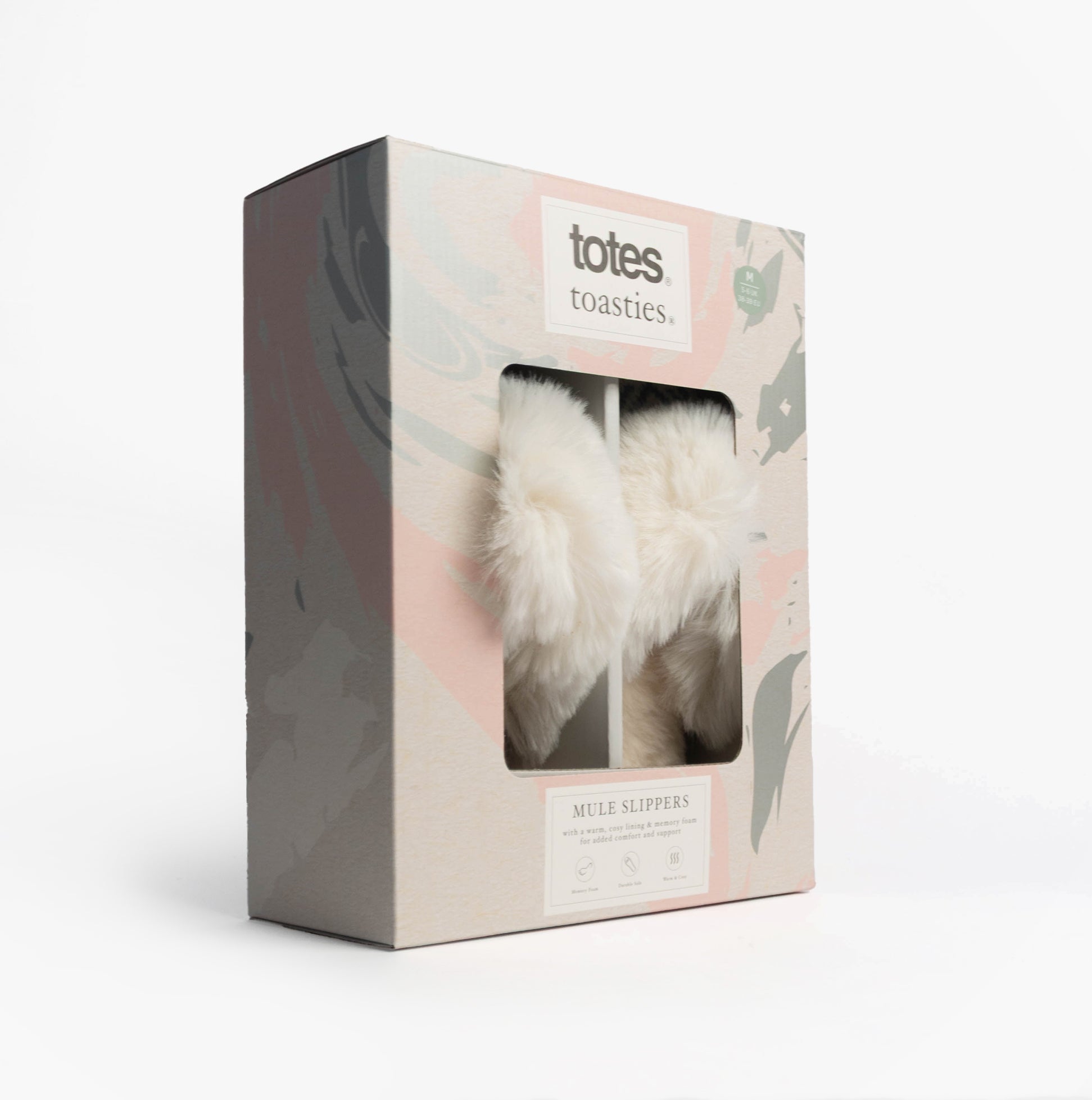 Totes Toasties FAIR ISLE KNIT Mule Slippers Womens Blue in box packaging, showcasing soft design and brand logo.