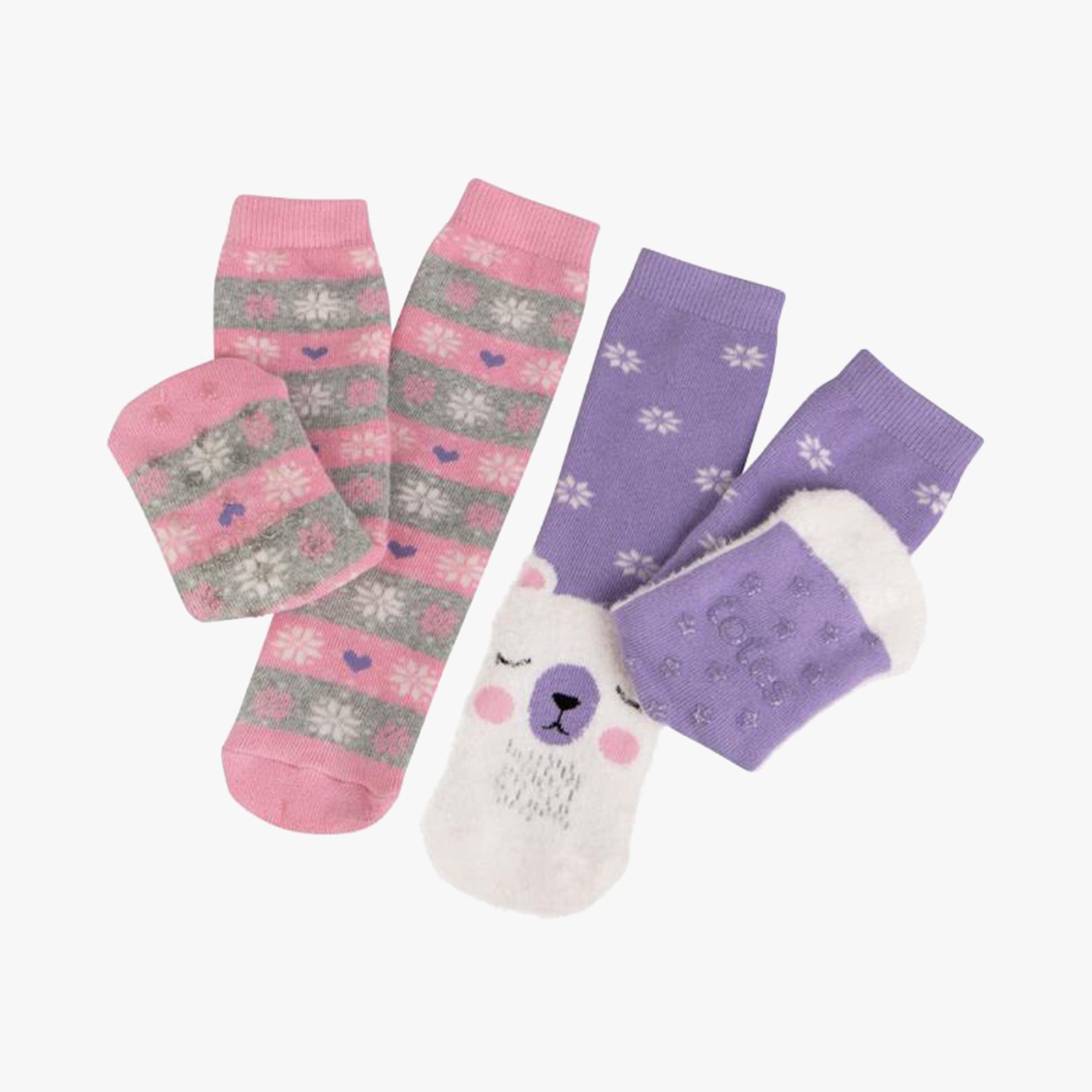 Totes Toasties ORIGINAL SLIPPER-SOX (Twin Pack) Kids Polar Bear/Fair Isle side view showing playful designs and colors.