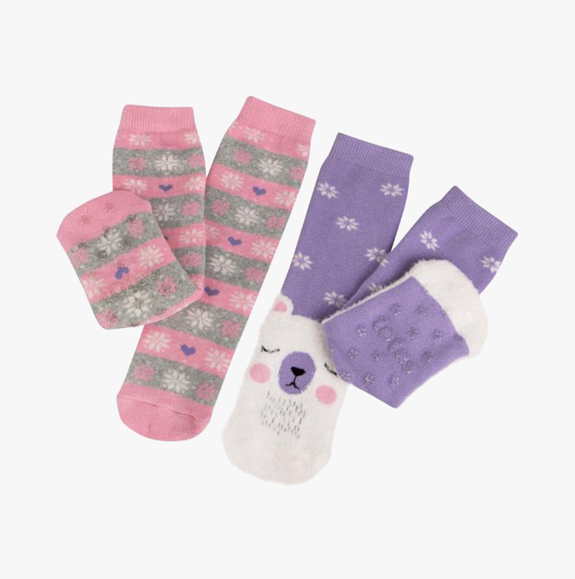 Totes Toasties ORIGINAL SLIPPER-SOX (Twin Pack) Kids Polar Bear/Fair Isle side view showing playful designs and colors.