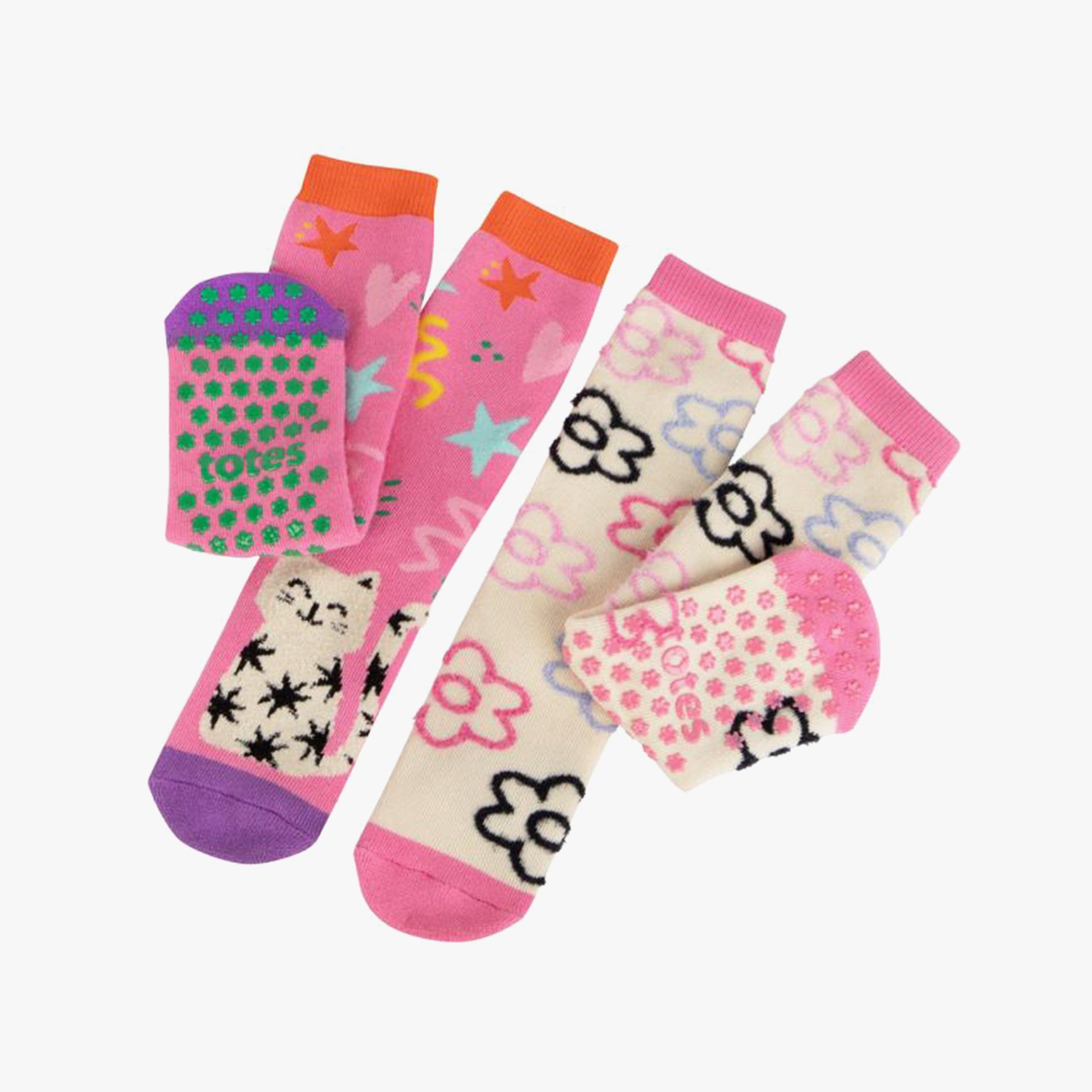 Totes Toasties ORIGINAL SLIPPER-SOX (TWIN PACK) Kids Cat With Flower front view, colorful socks with cat and flower patterns.