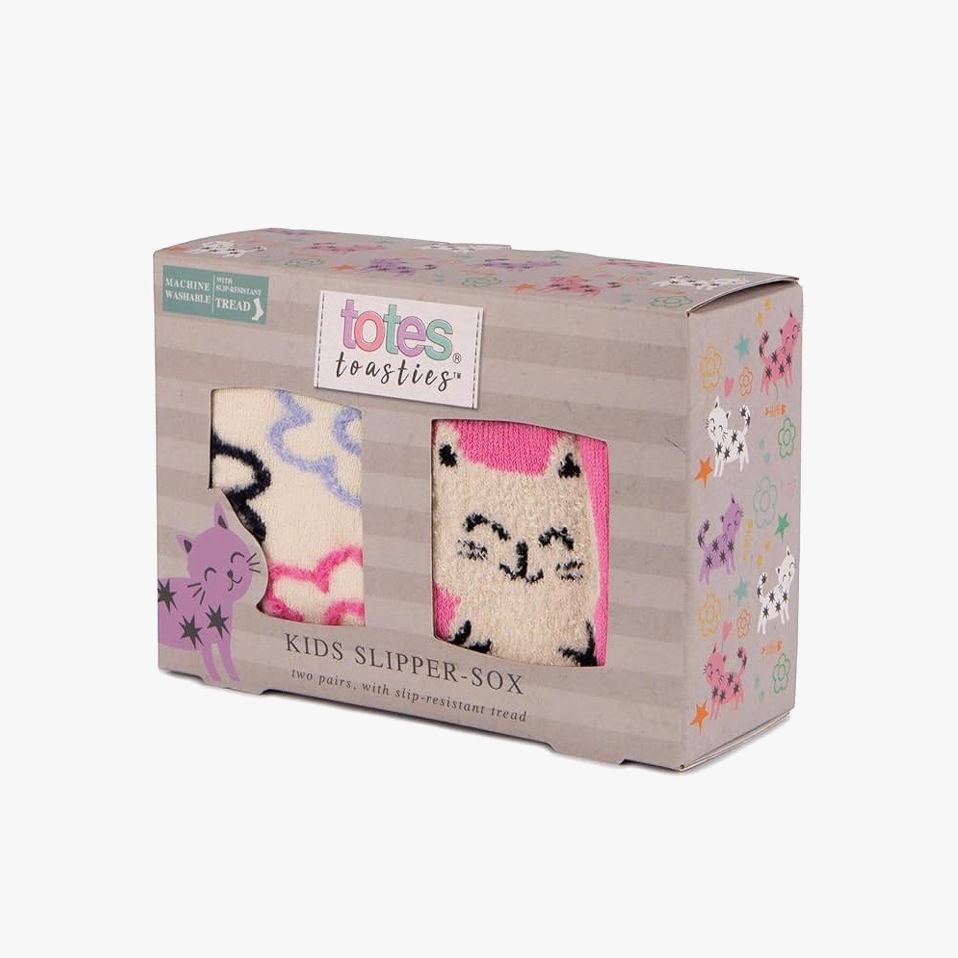 Totes Toasties ORIGINAL SLIPPER-SOX (TWIN PACK) Kids Cat With Flower, front view of boxed cat-themed slipper-sox.