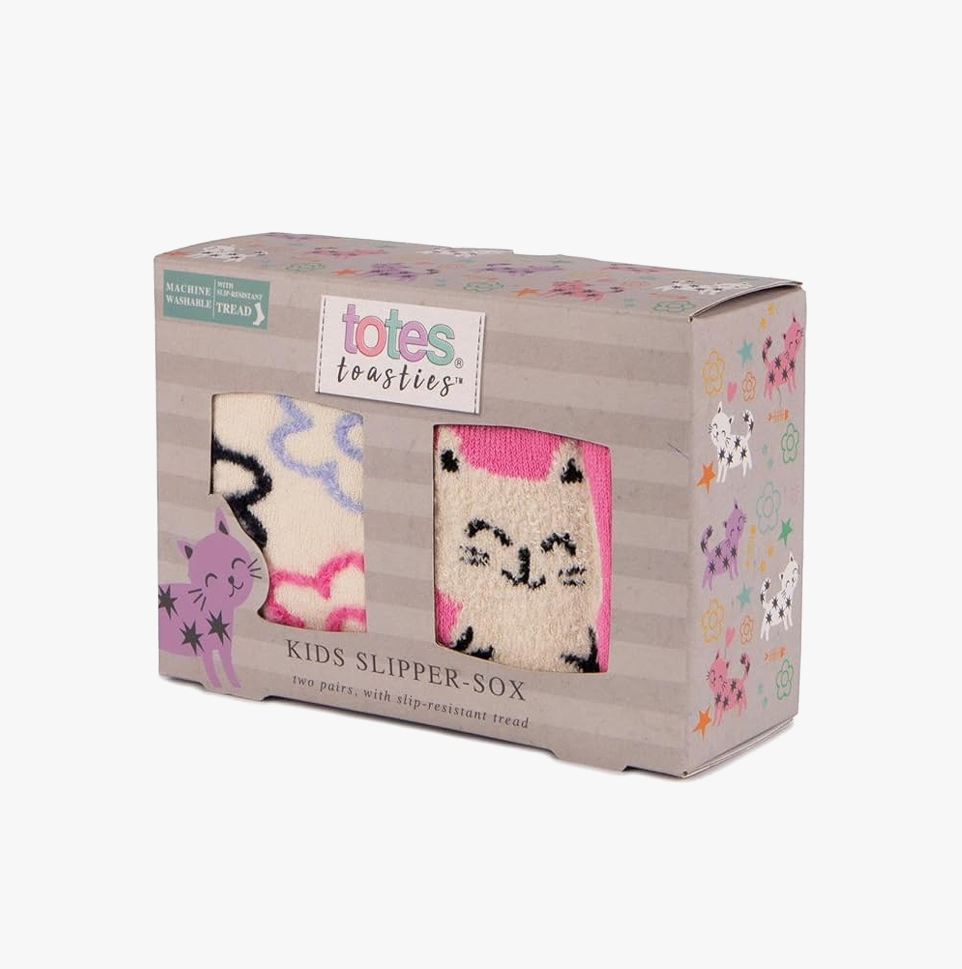 Totes Toasties ORIGINAL SLIPPER-SOX (TWIN PACK) Kids Cat With Flower, front view of boxed cat-themed slipper-sox.