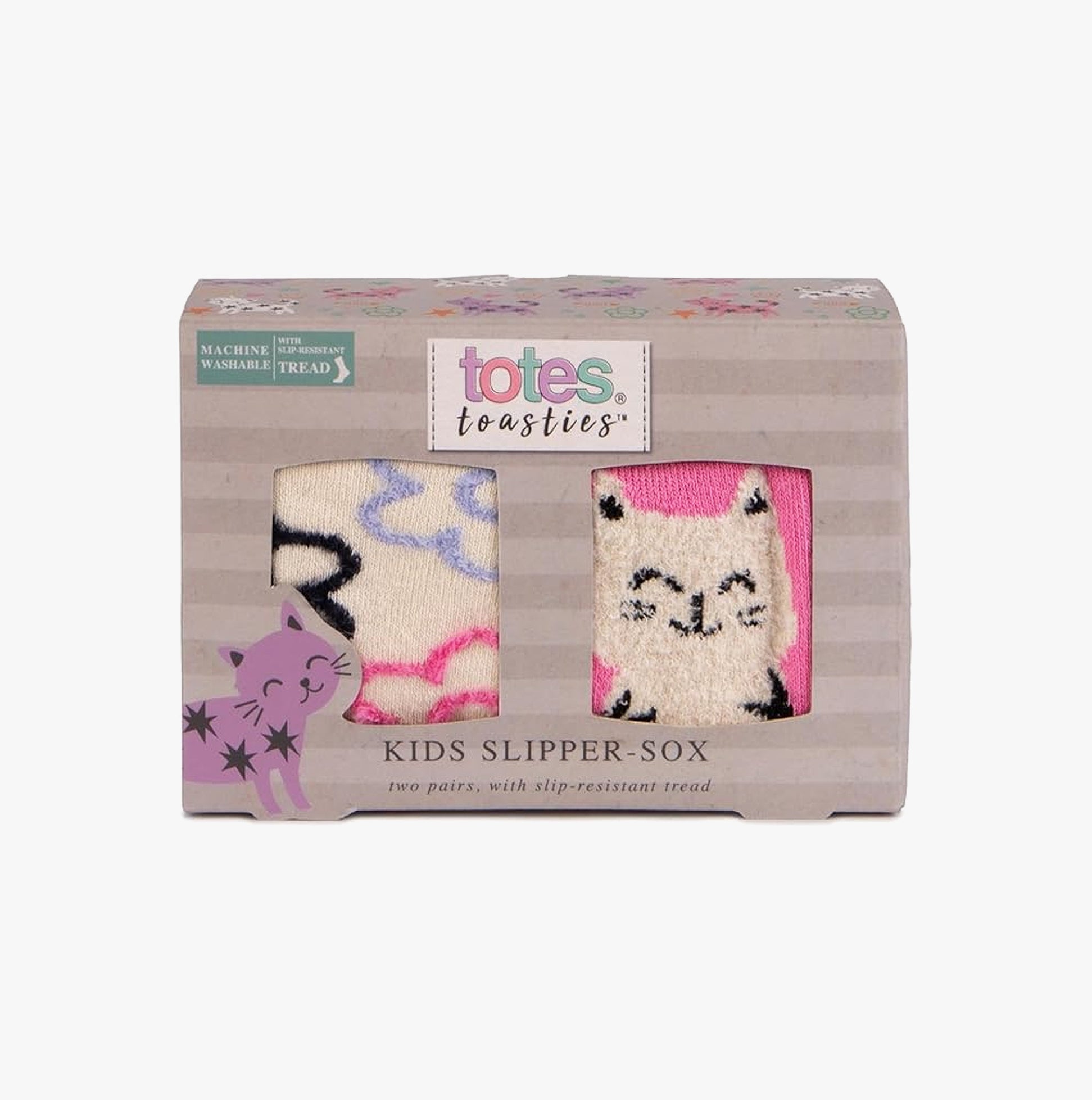 Totes Toasties ORIGINAL SLIPPER-SOX (TWIN PACK) Kids Cat With Flower front view packaging.