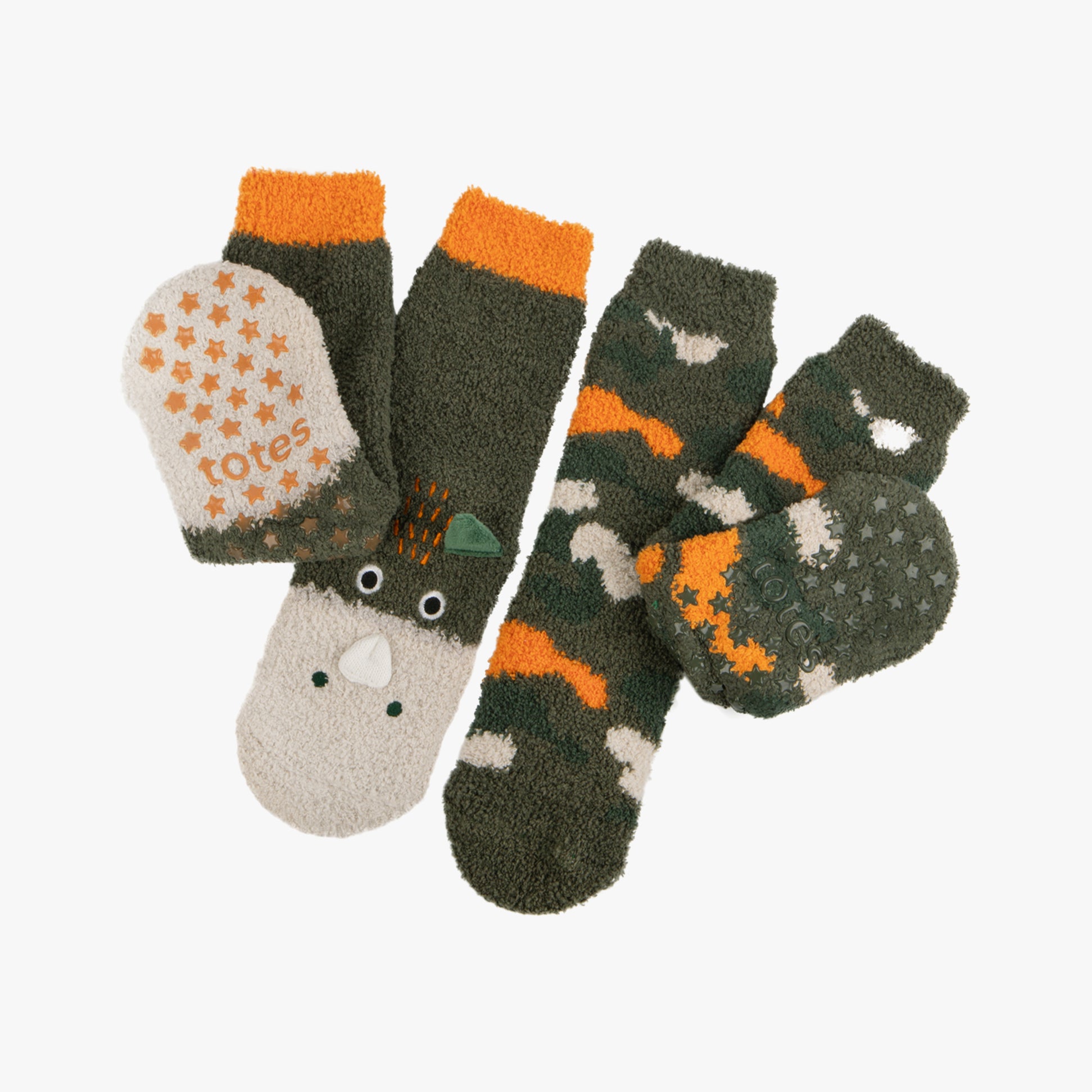 Totes Toasties SUPER SOFT SLIPPER SOCKS (Twin Pack) Unisex Kids Socks Dino/Camo, top view showing cute designs and slip-resistant features.