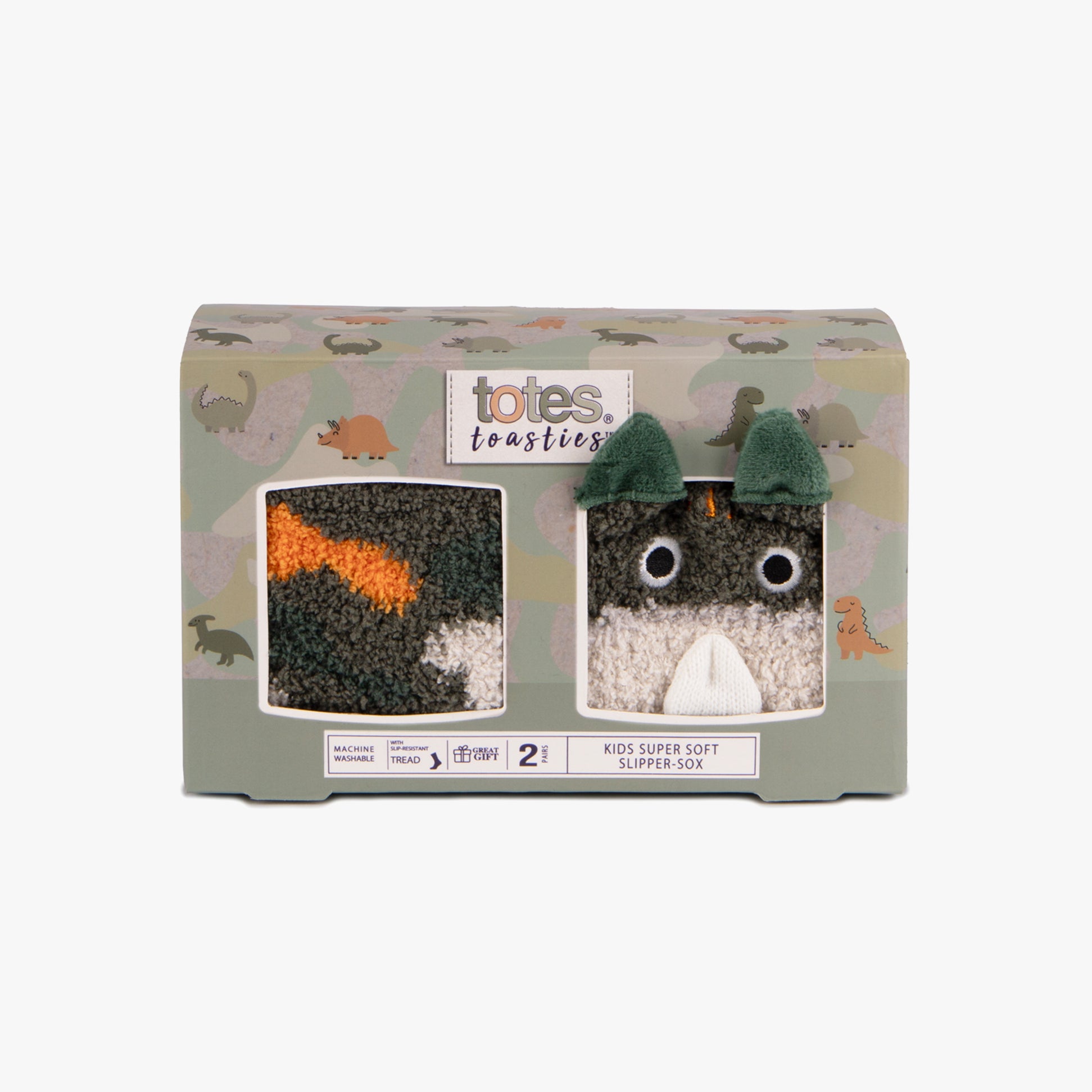 Totes Toasties SUPER SOFT SLIPPER SOCKS (Twin Pack) Unisex Kids Socks Dino/Camo front view in gift box.