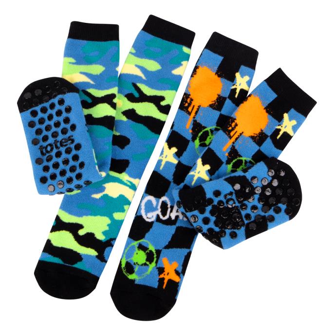 Totes Toasties ORIGINAL SLIPPER-SOX (Twin Pack) Kids Football/Camo side view showing fun designs and slip-resistant soles.