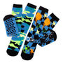 Totes Toasties ORIGINAL SLIPPER-SOX (Twin Pack) Kids Football/Camo side view showing fun designs and slip-resistant soles.