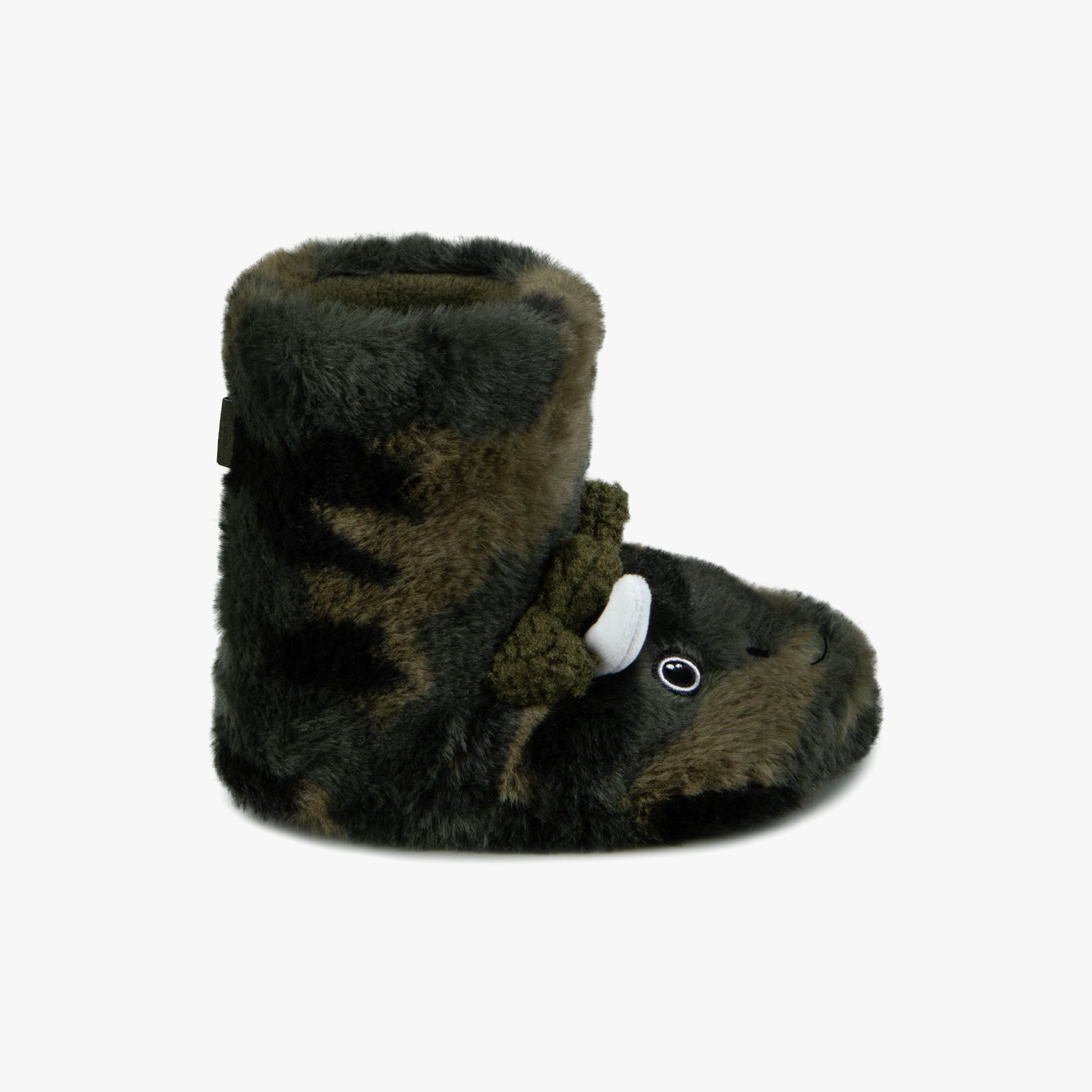 Totes Toasties DINO BOOT Slippers Kids Khaki side view showing plush texture and round toe design.