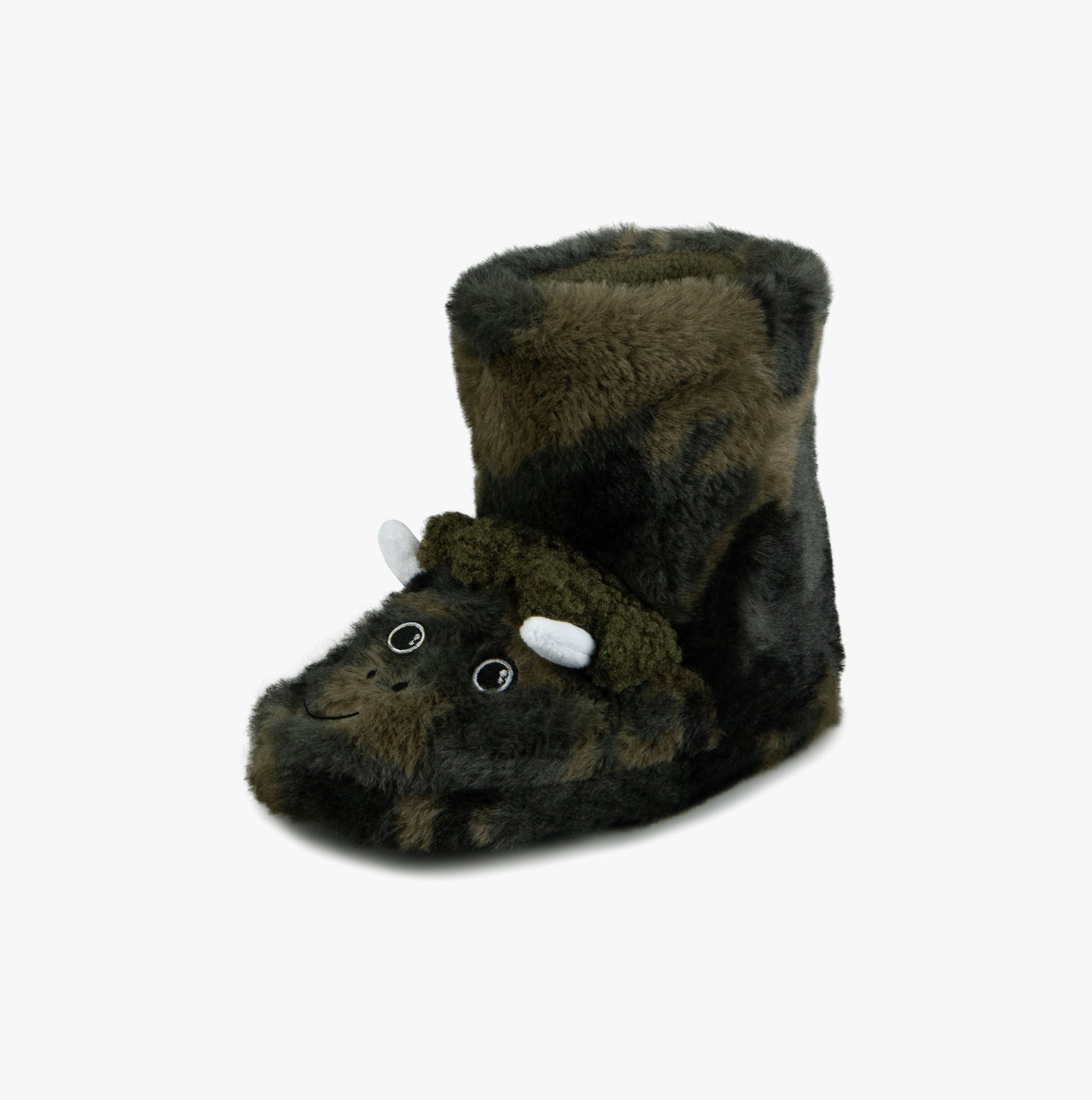 Totes Toasties DINO BOOT Slippers Kids Khaki side view of plush slipper boots with round toe and cute dino design.