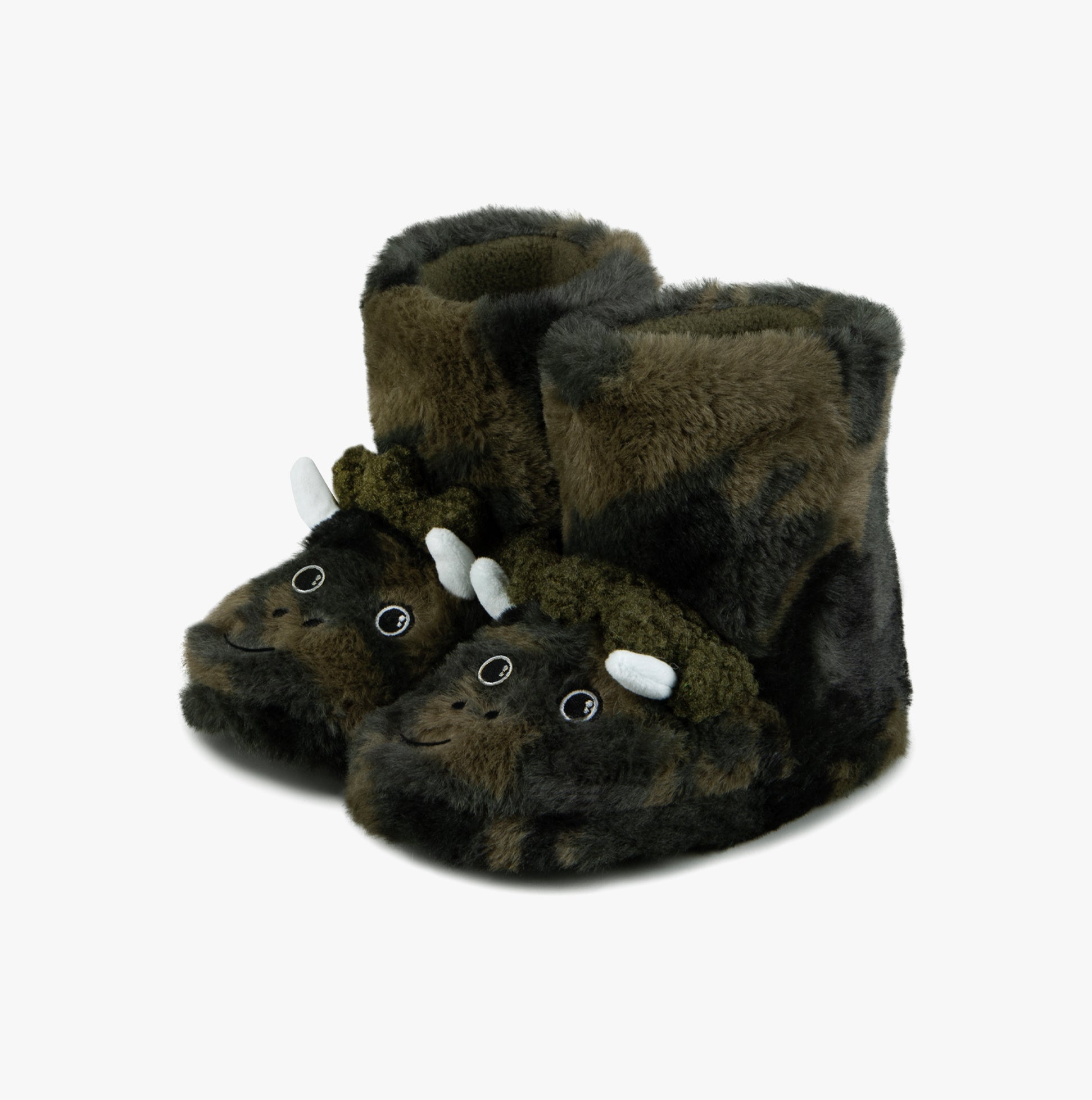 Totes Toasties DINO BOOT Slippers Kids Khaki side view showcasing plush material and cute dinosaur design.