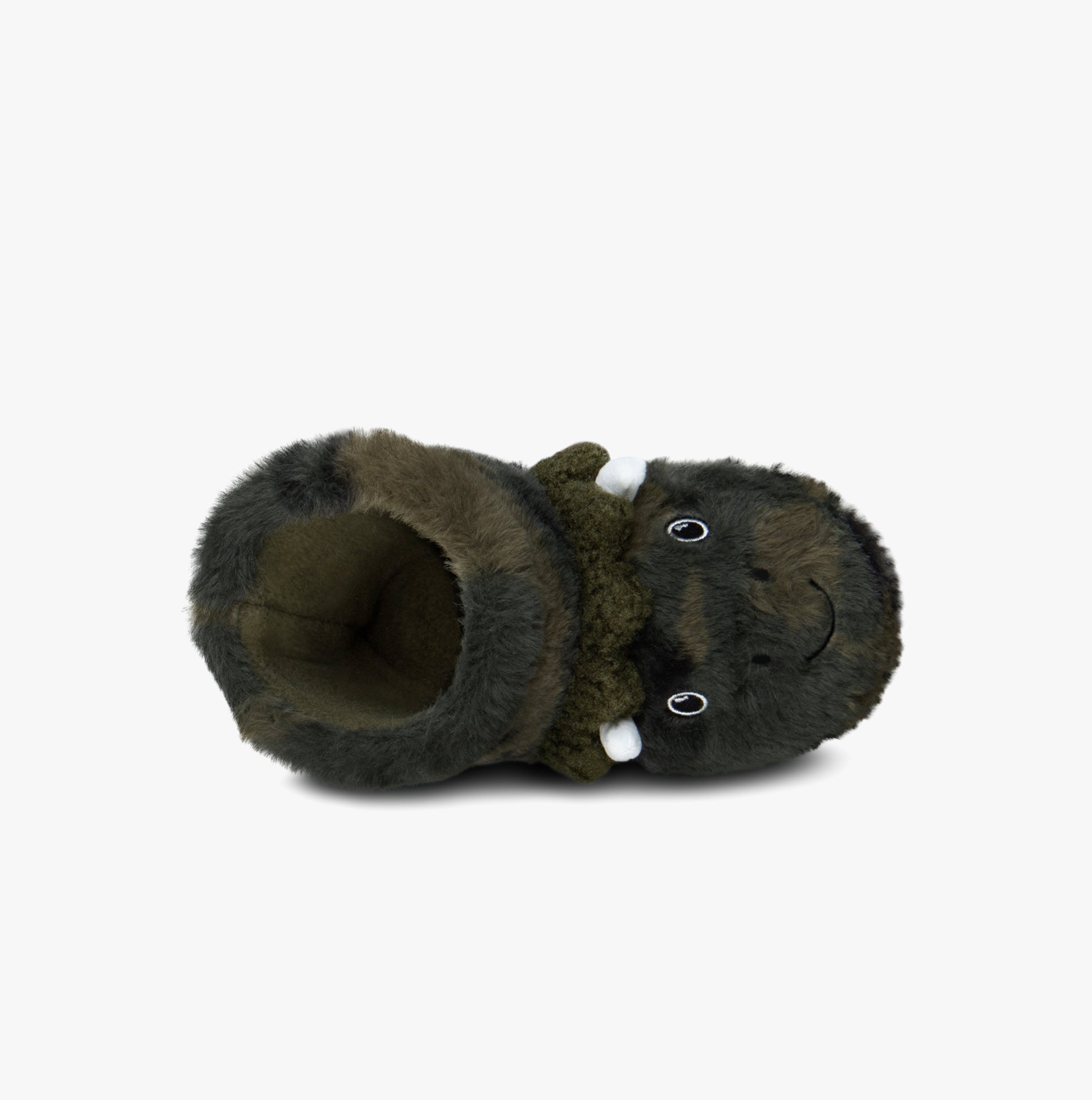 Totes Toasties DINO BOOT Slippers Kids Khaki top view showing plush dinosaur design and comfortable interior.