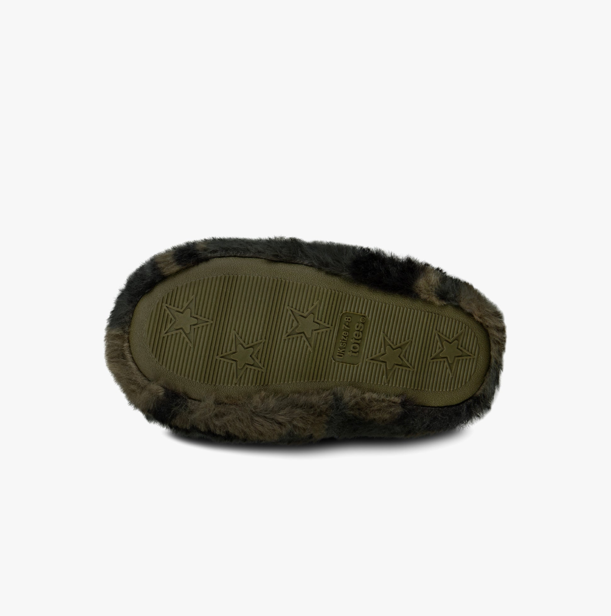 Totes Toasties DINO BOOT Slippers Kids Khaki bottom view, showing TPR sole and fluffy upper design.