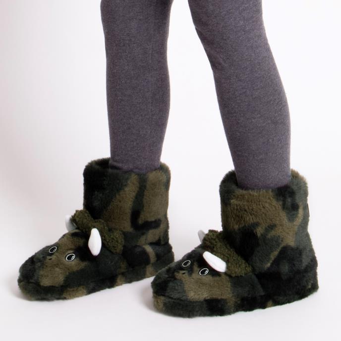 Totes Toasties DINO BOOT Slippers Kids Khaki side view with plush dinosaur design and camouflage color