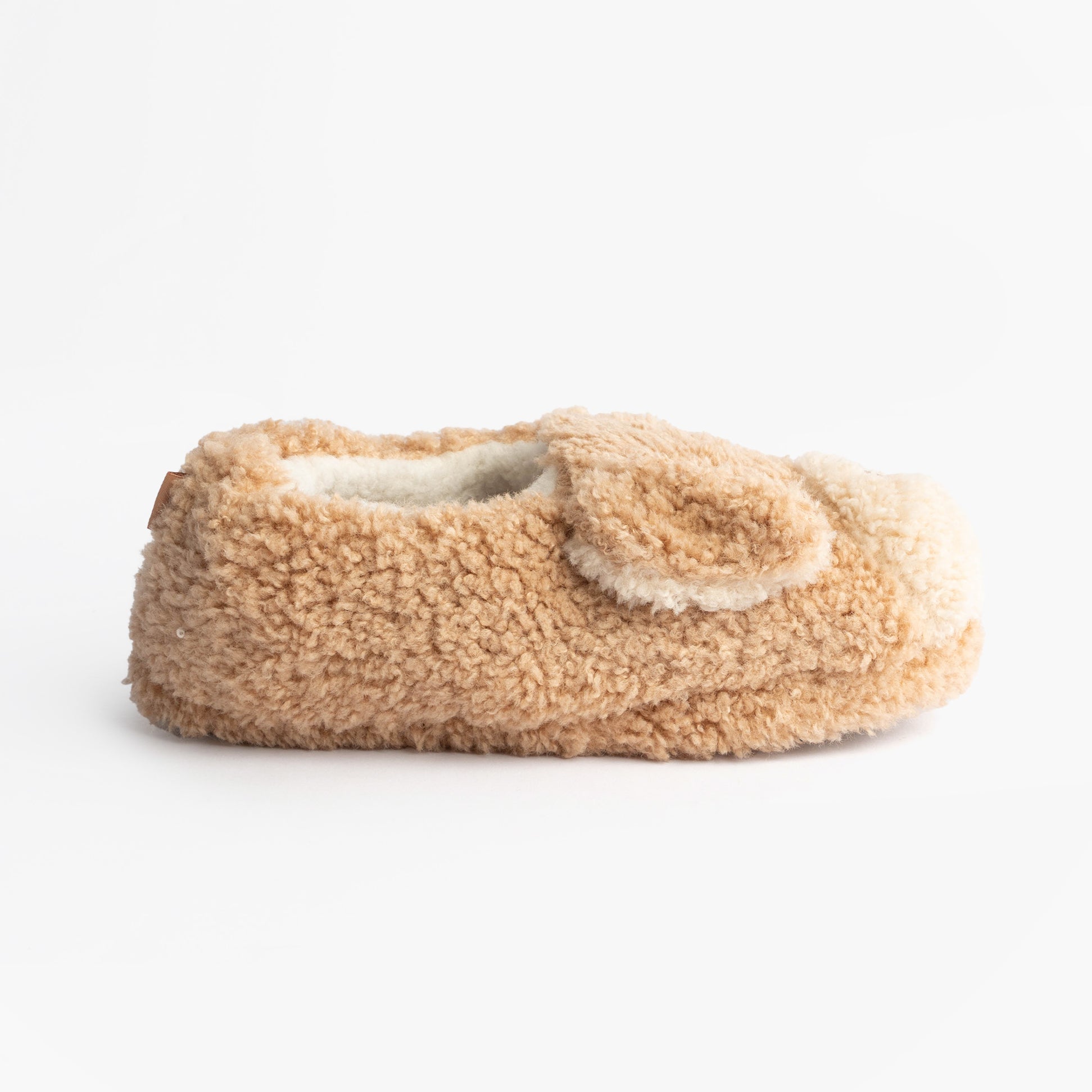 Totes Toasties NOVELTY DOG Full Back Slippers Womens Dog side view with fluffy beige design and dog ear details.