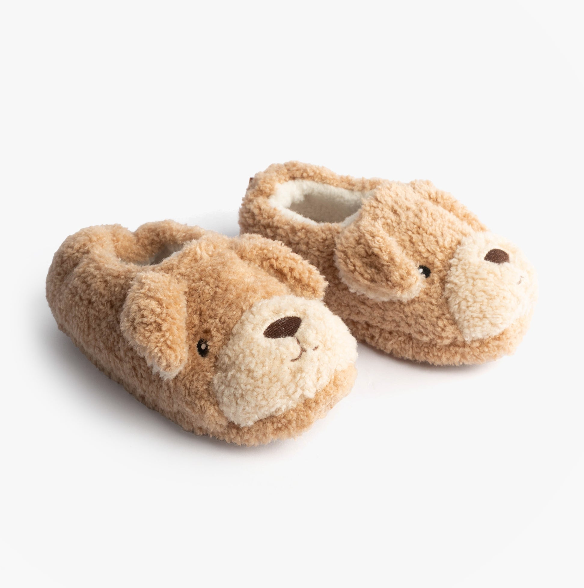 Totes Toasties NOVELTY DOG Full Back Slippers Womens Dog side view showing cute dog design in soft tan material
