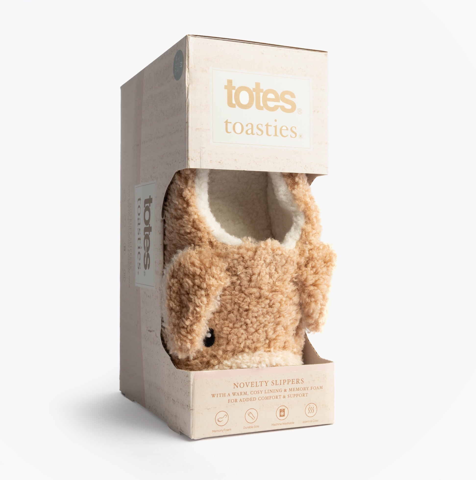 Totes Toasties NOVELTY DOG Full Back Slippers Womens Dog in gift box, side view showcasing soft, fuzzy texture.