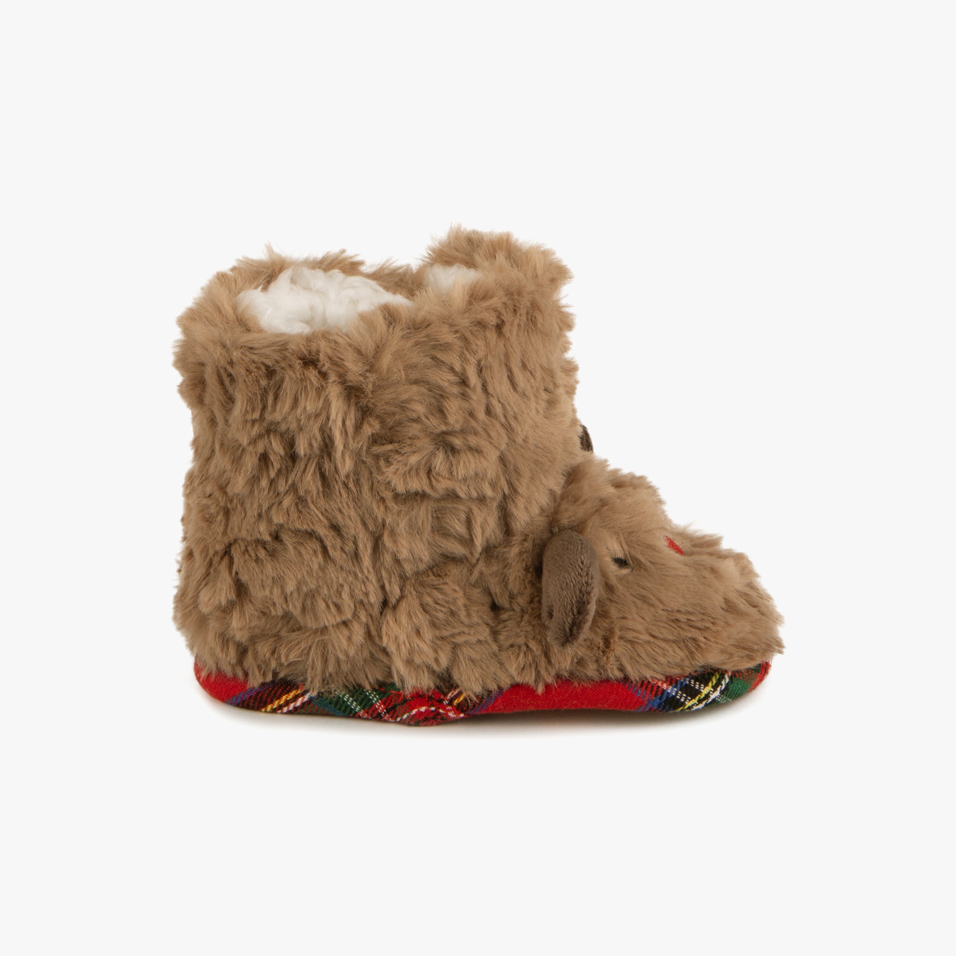 Totes Toasties TODDLER BOOTIES Kids Brown side view of plush slipper boots with fluffy upper and red plaid sole.