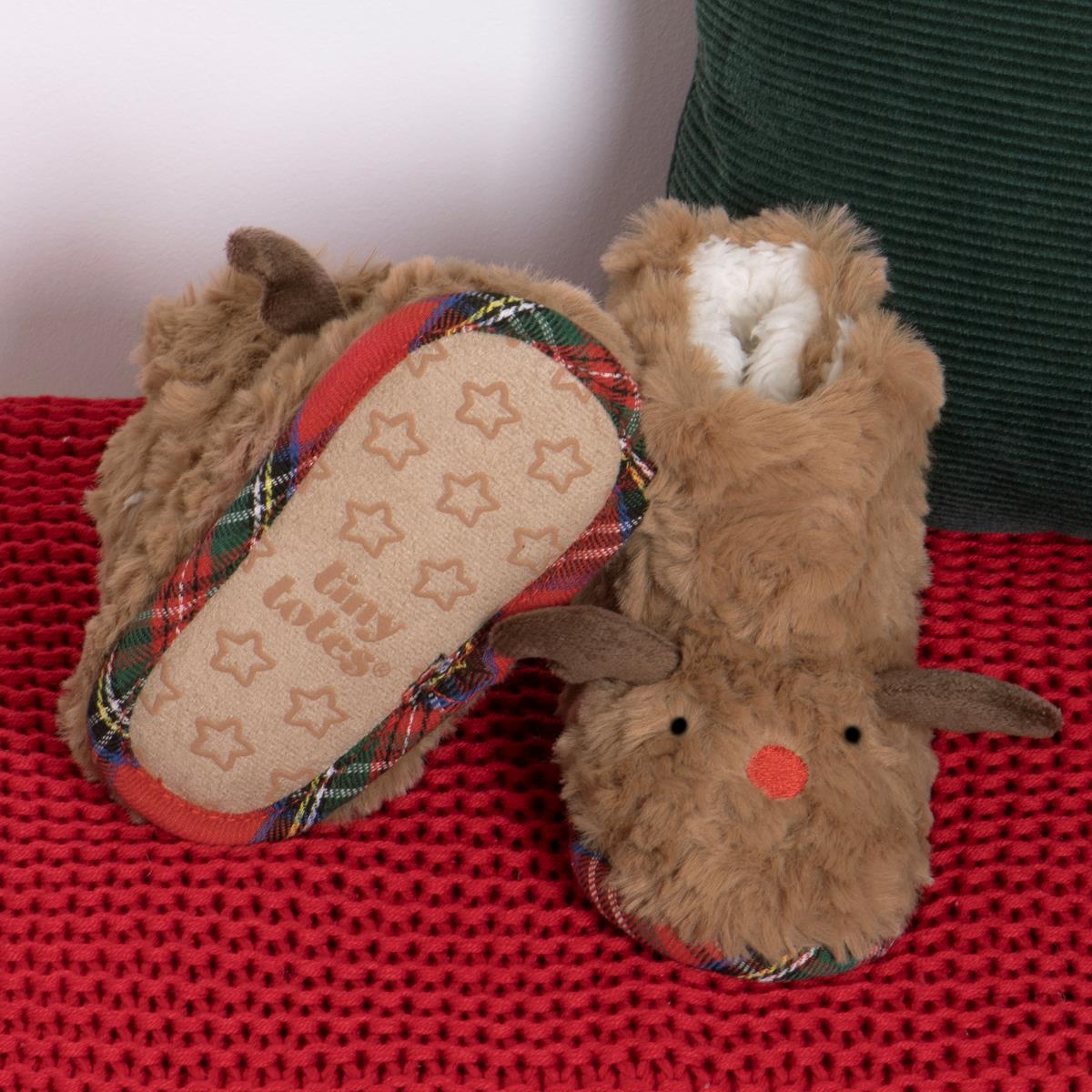 Totes Toasties TODDLER BOOTIES Kids Brown slipper boots, top view with round toe and plush material.