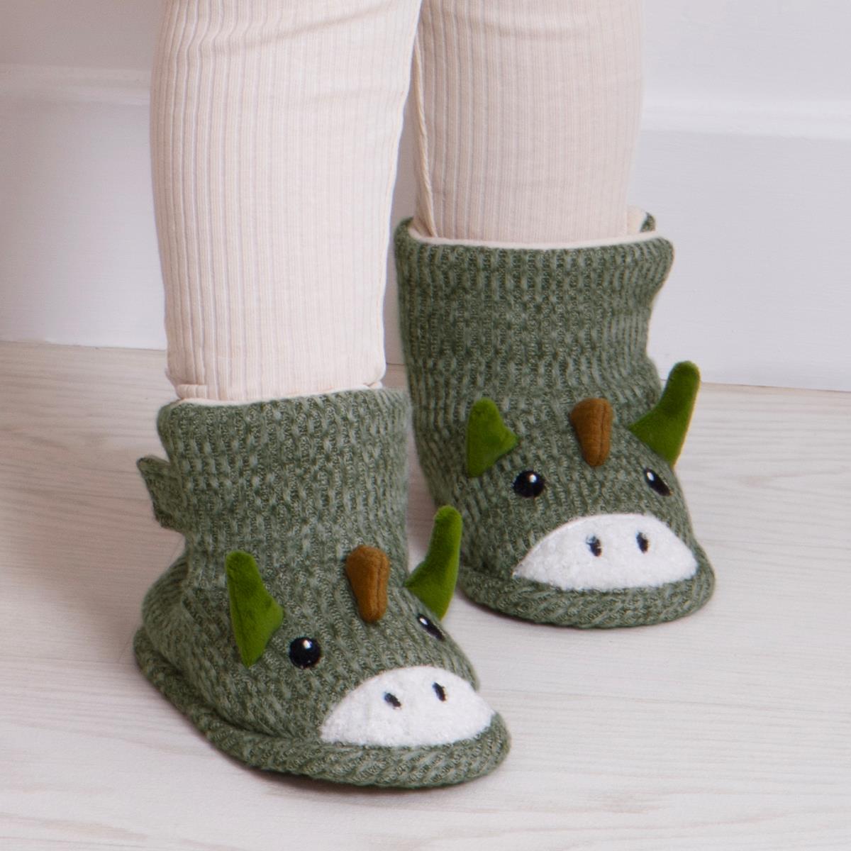 Totes Toasties TODDLER BOOTIES Kids Green side view of slipper boots with animal design and round toe