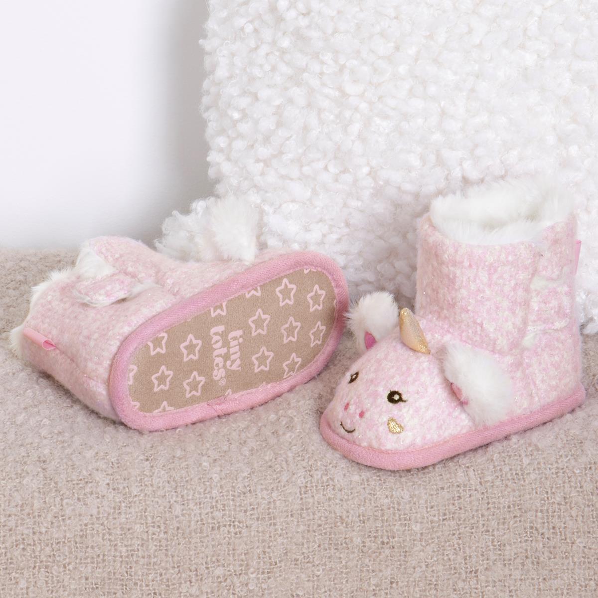 Totes Toasties TODDLER BOOTIES Kids Pink side view and front view detail of slipper boots with plush lining.
